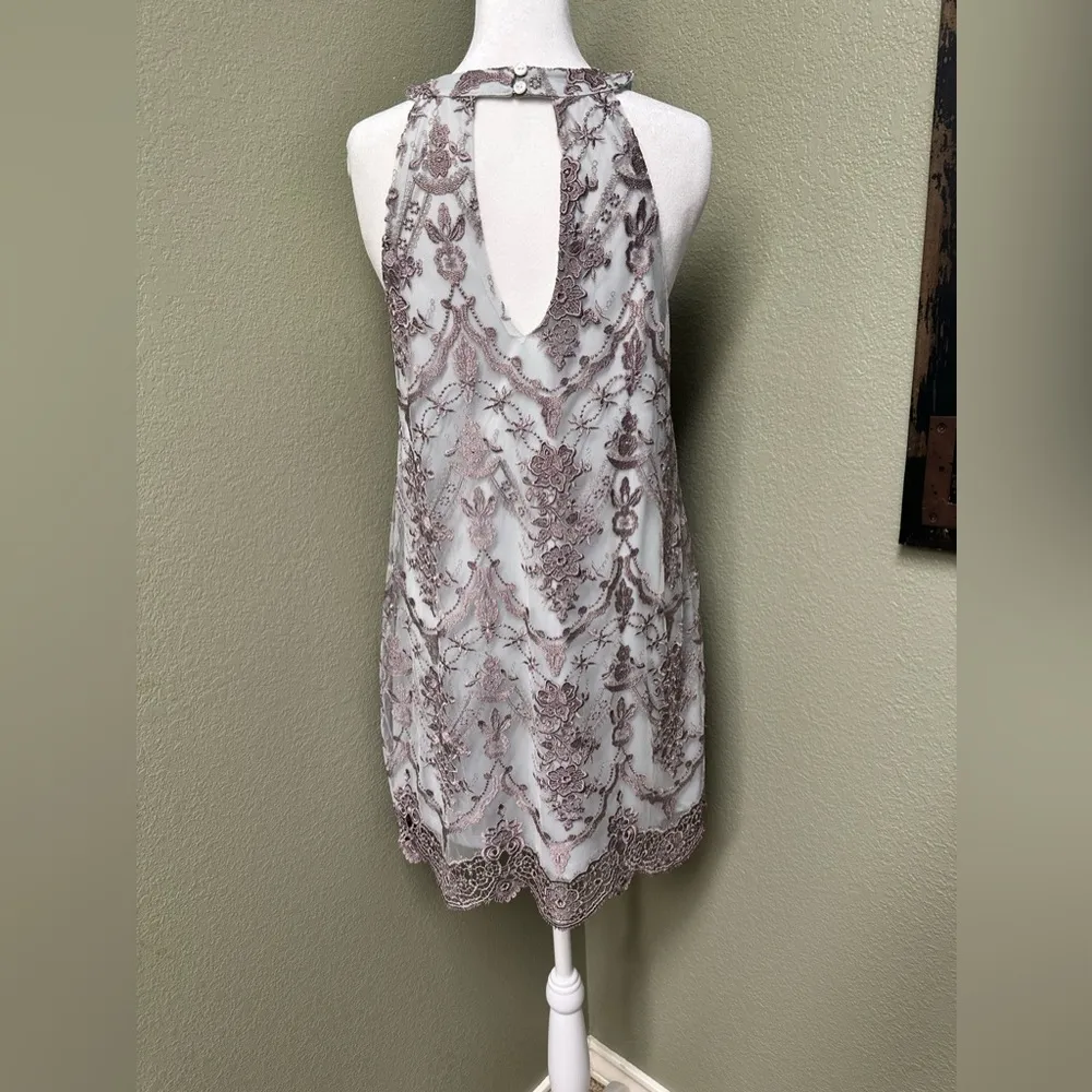 Altar’d State blue & grey floral embroidered lace overlay mini dress - Image 4