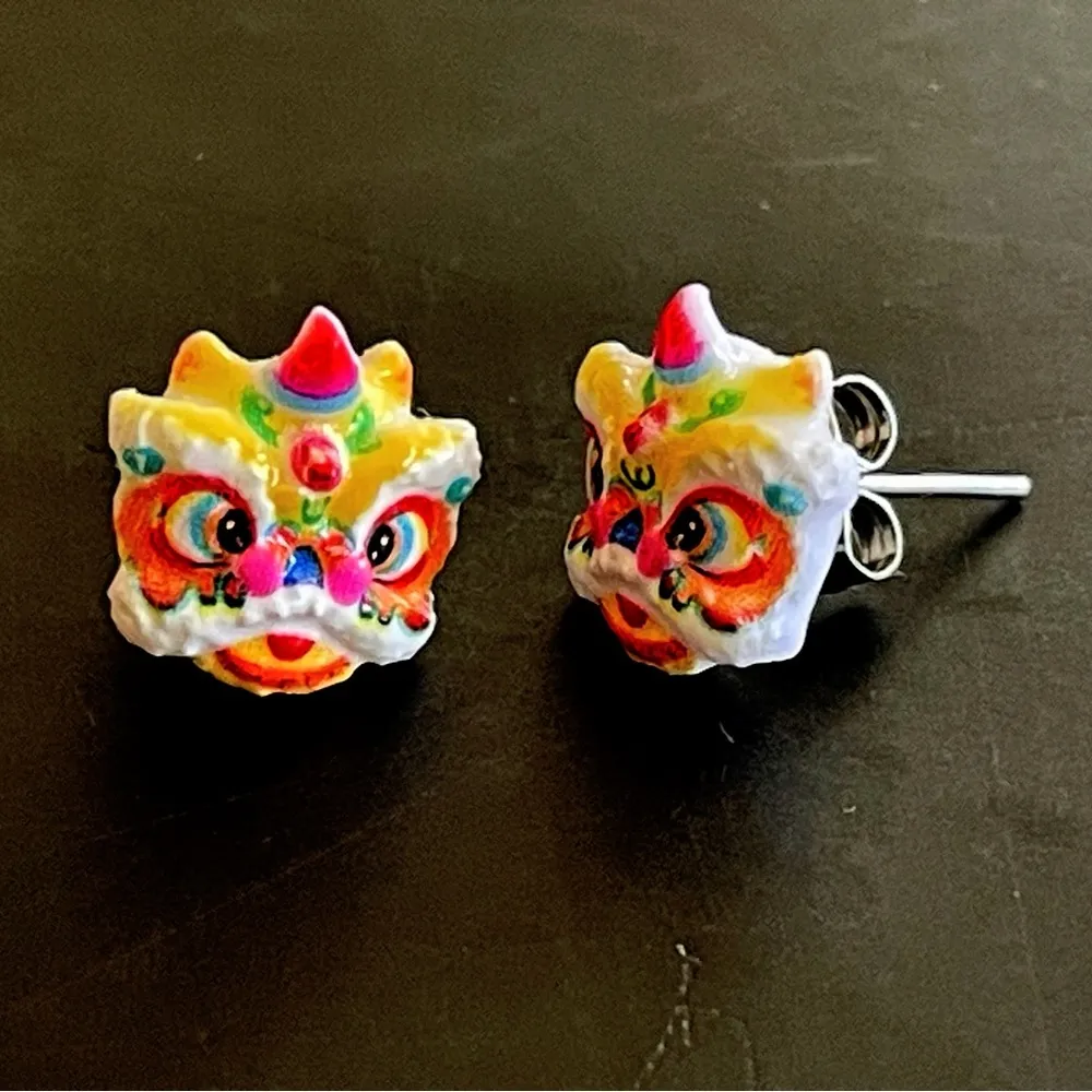 Dragon Dance Mask Earrings Colorful Chinese Lion lucky yellow stud cute gift - Image 3