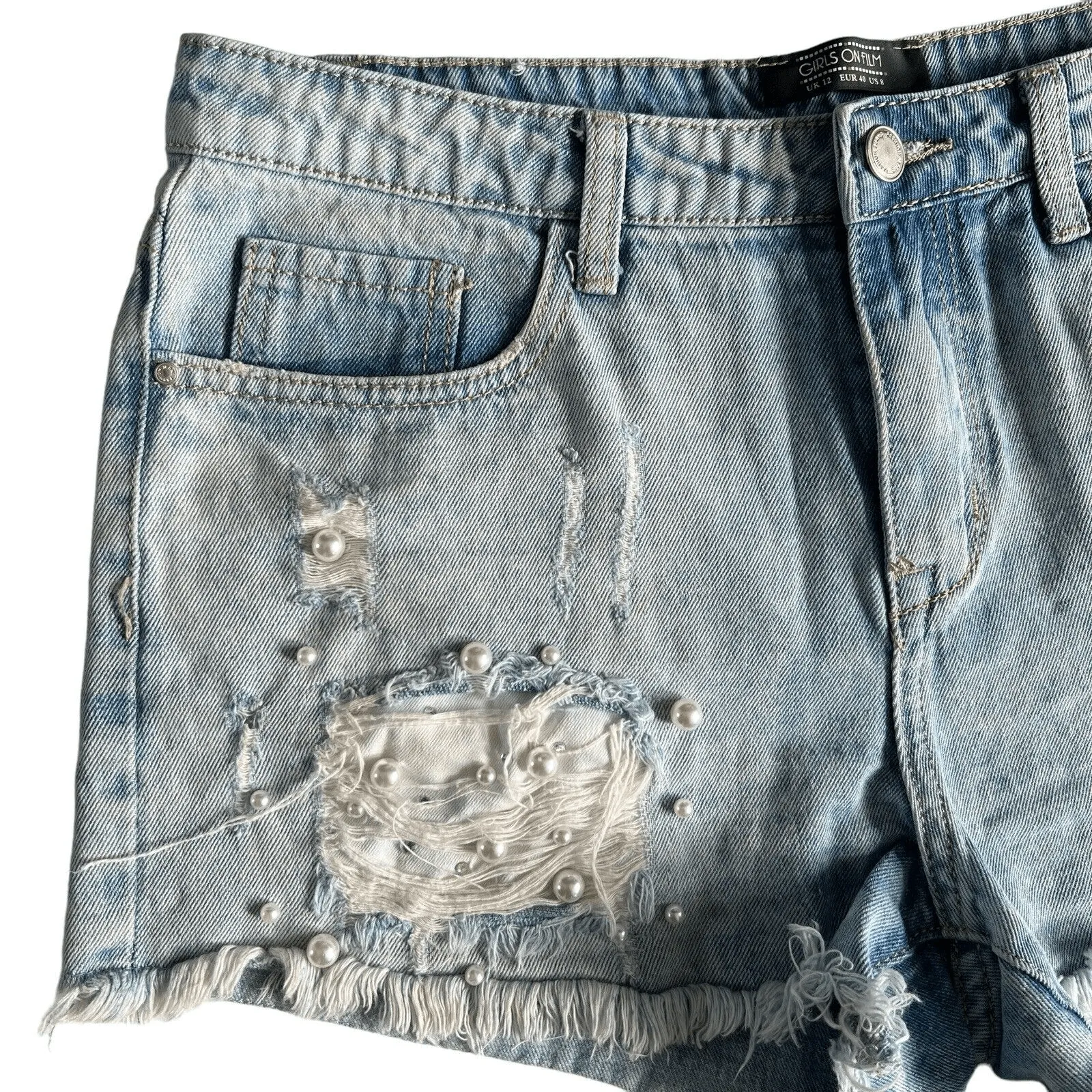 Girls on Film Denim Jean Shorts Distressed Cut Off Pearls Size 8 Blue - Image 2