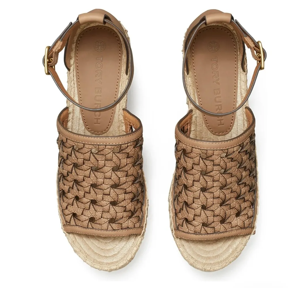 Tory Burch Basketweave Espadrille Ankle Strap Wedges Leather Size 10M New in Box - Image 7
