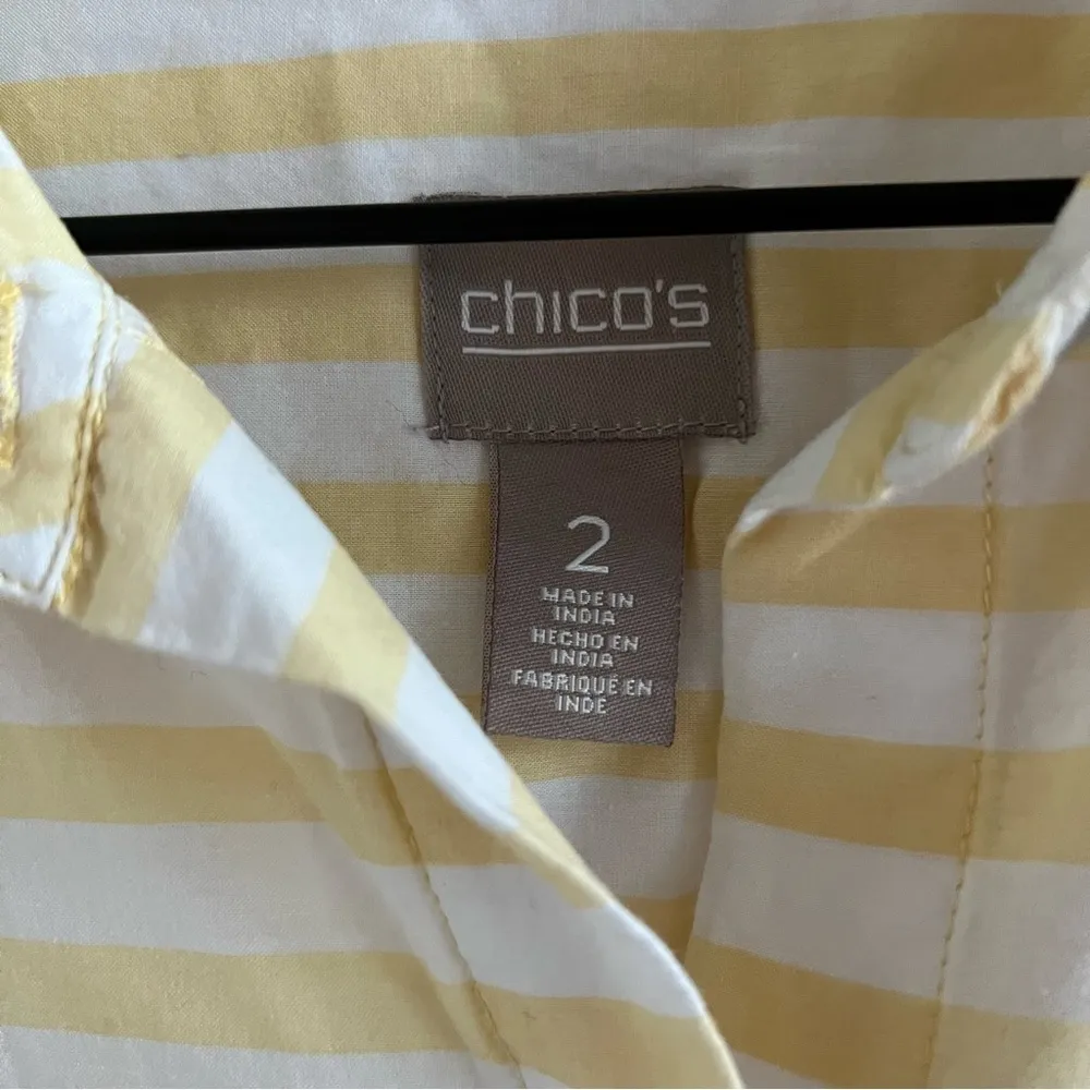 Chico's Yellow White Stripe Button Front Collar Shirt Large (Chico's 2) - Image 4