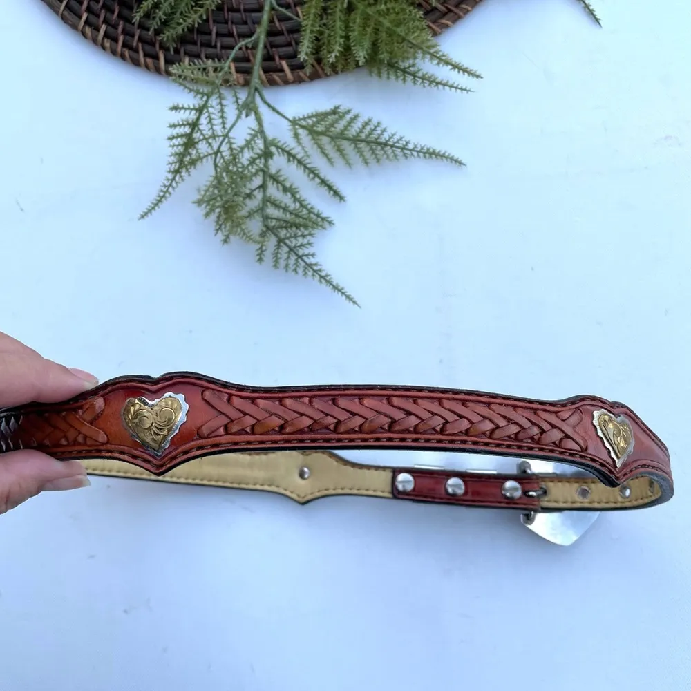 Women’s Belt Brown Leather Braided Heart Buckle - Image 3