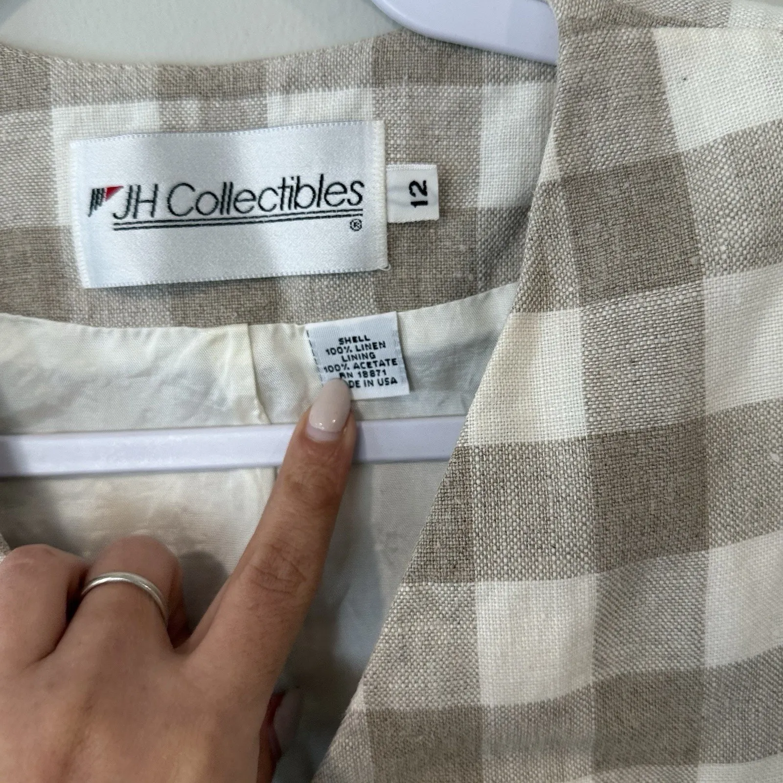 Vintage JH Collectibles 100% Linen Gingham Cropped Women Blazer Size 12 Brown - Image 6