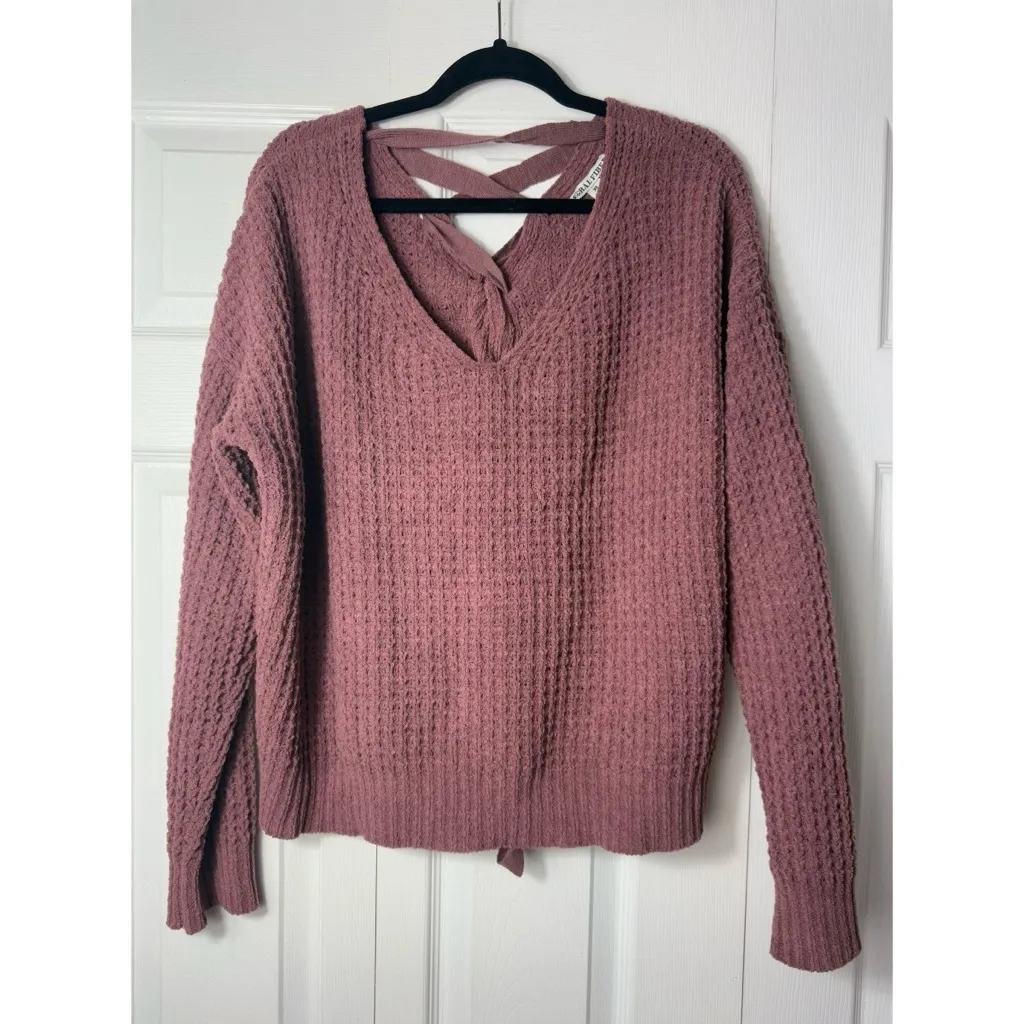 Moral Fiber Mauve Lace-Up Back Waffle Knit Long Sleeve V-Neck Sweater XL - Image 8
