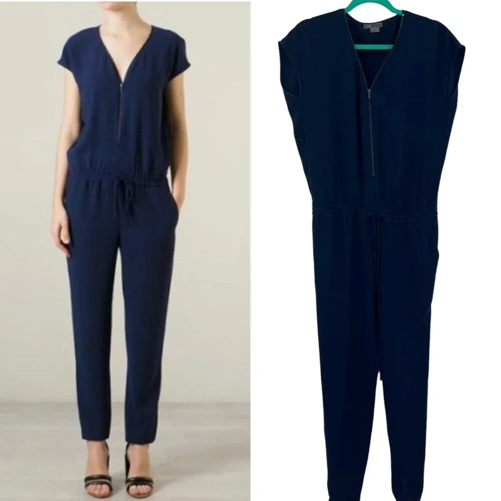 VINCE Navy Blue Zip Front Short Sleeve‎ Jumpsuit Size 2 - Image 2