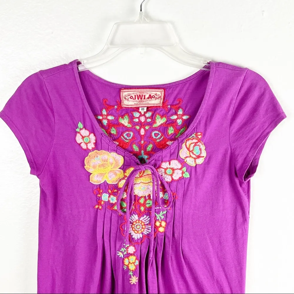 JOHNNY WAS Fuchsia Floral Embroidered Jersey Knit V-Neck Pockets Tunic Top XS - Image 6