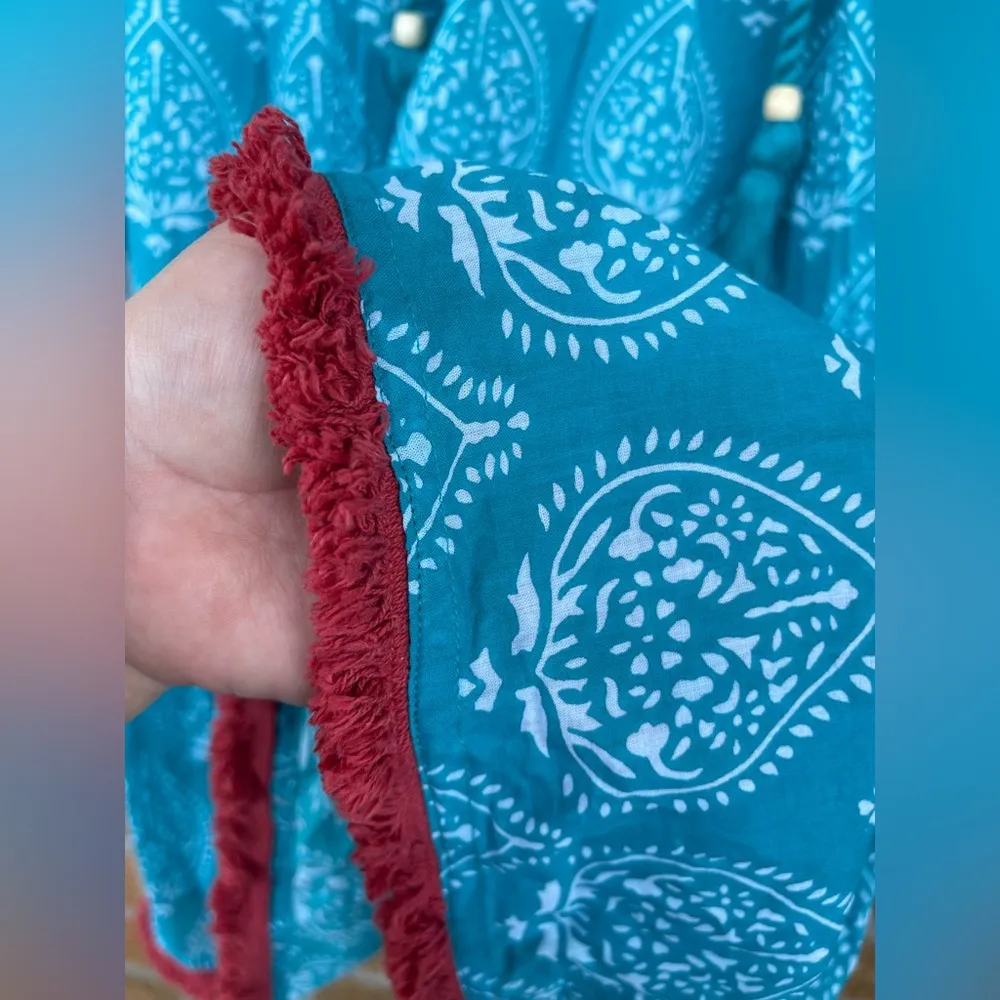 TUCKERNUCK Tropical Teal Lantern Block Print Tie Neck Coverup Dress Size Medium Blue - Image 8