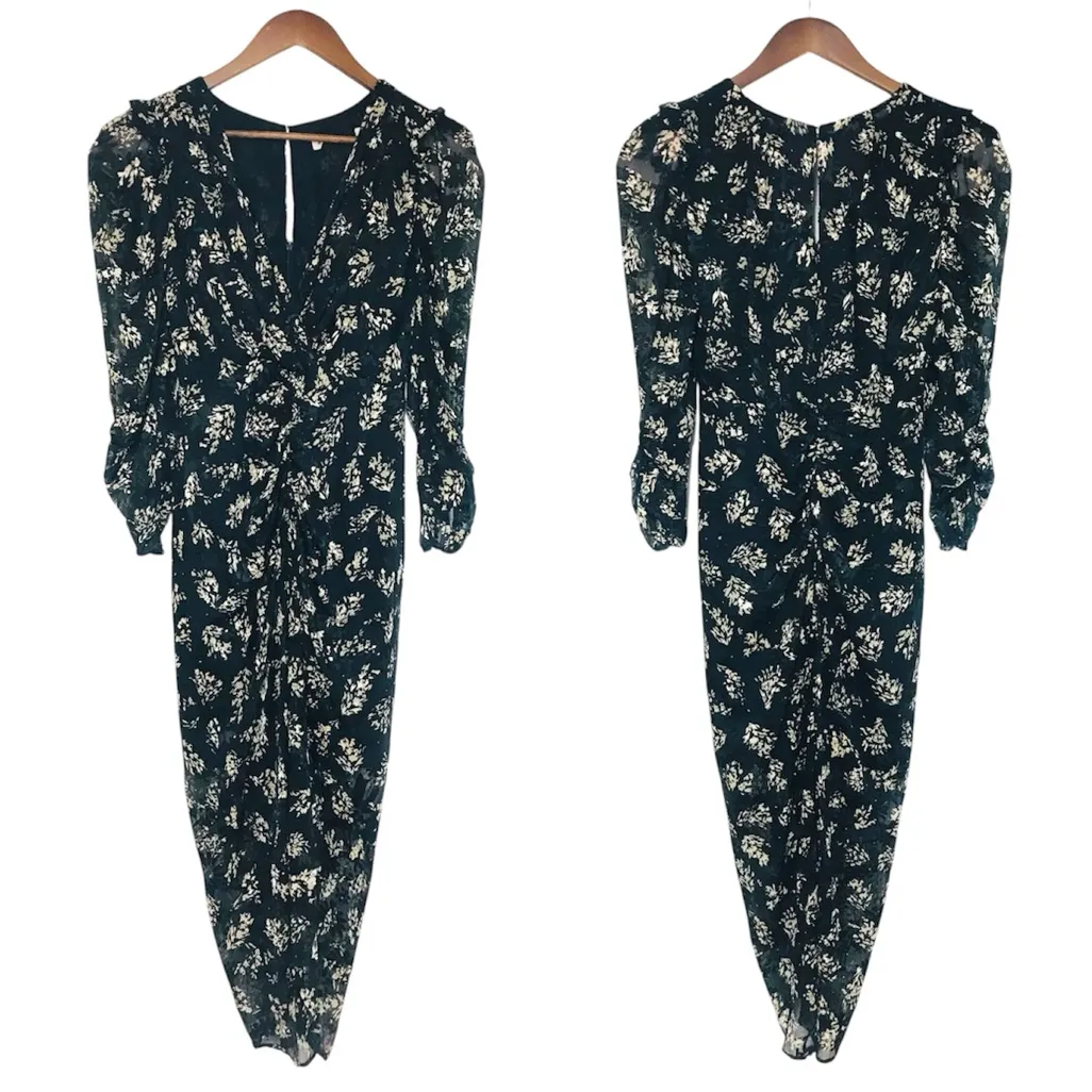 New ASTR Maven Black Floral Long Sleeve Midi Dress Small Thigh Slit Puff Sleeve - Image 3