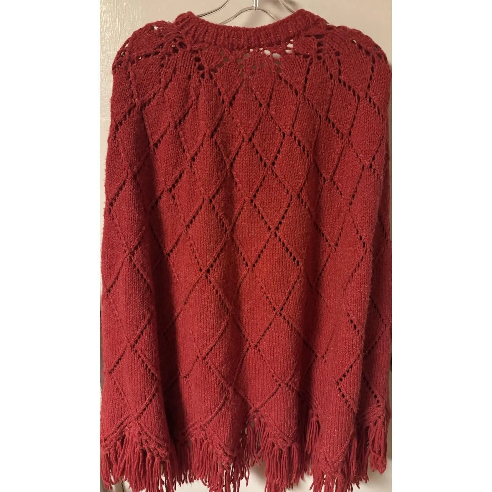 Vintage 1960-1970's Red Hand Knit One Of A Kind Caplete With Fringe - Image 8