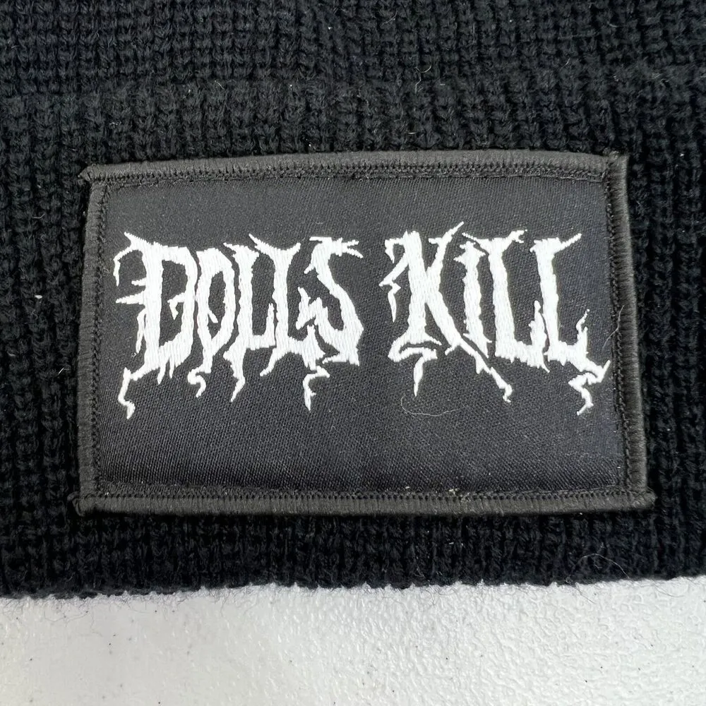 Dolls Kill Knit Beanie Hat Black Goth Punk Lolita Death Metal Spell Out Patch - Image 3