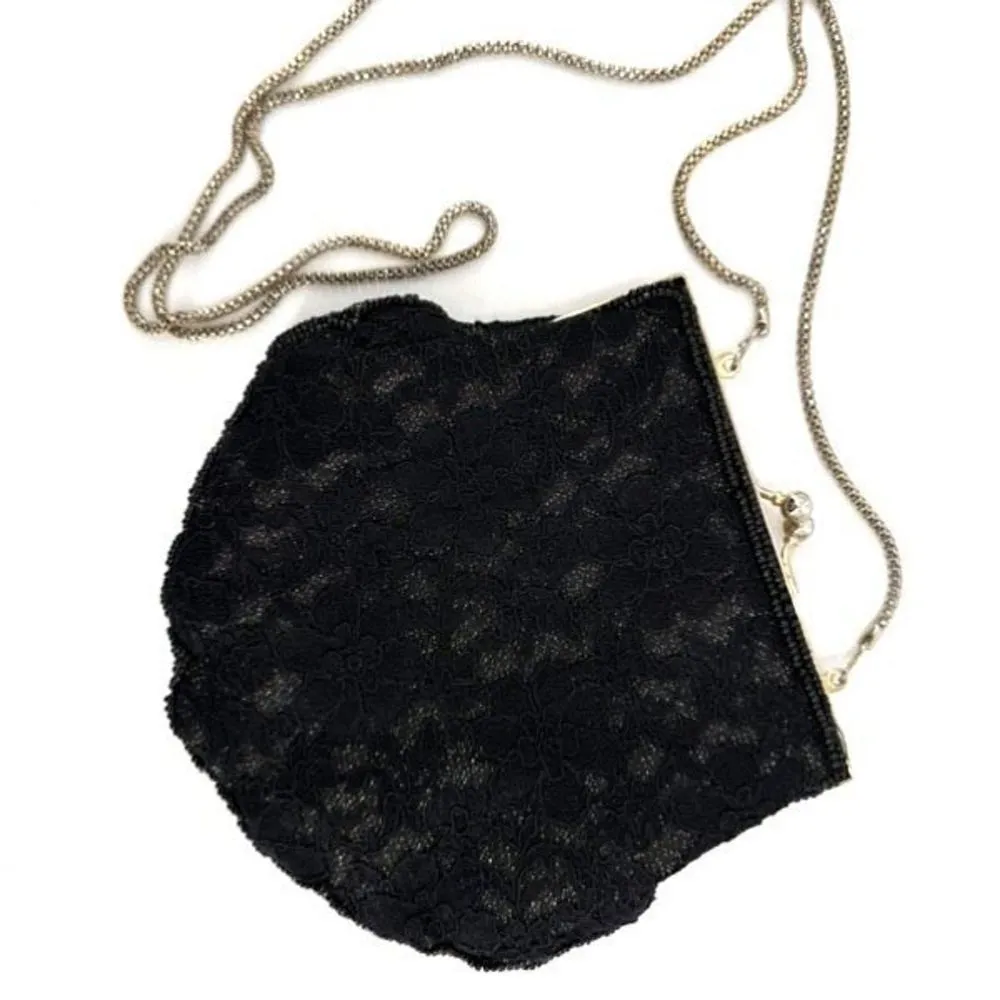 Le Regale Beaded Metallic black & gold Clutch Evening hand bag  rope chain small - Image 4