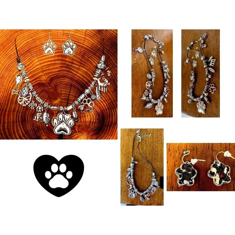 Paw Print Necklace Earrings Set Pendant 17 inch Handmade New Dog Bone An… Silver - Image 11
