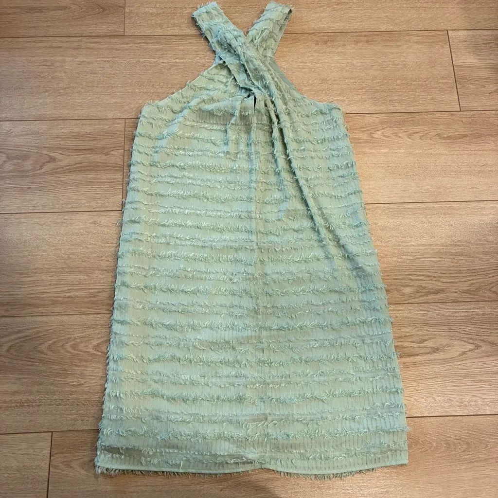 Abbey Glass Alys Cross Front Halter Dress Green Fringe Shift Knee Length Size S - Image 2