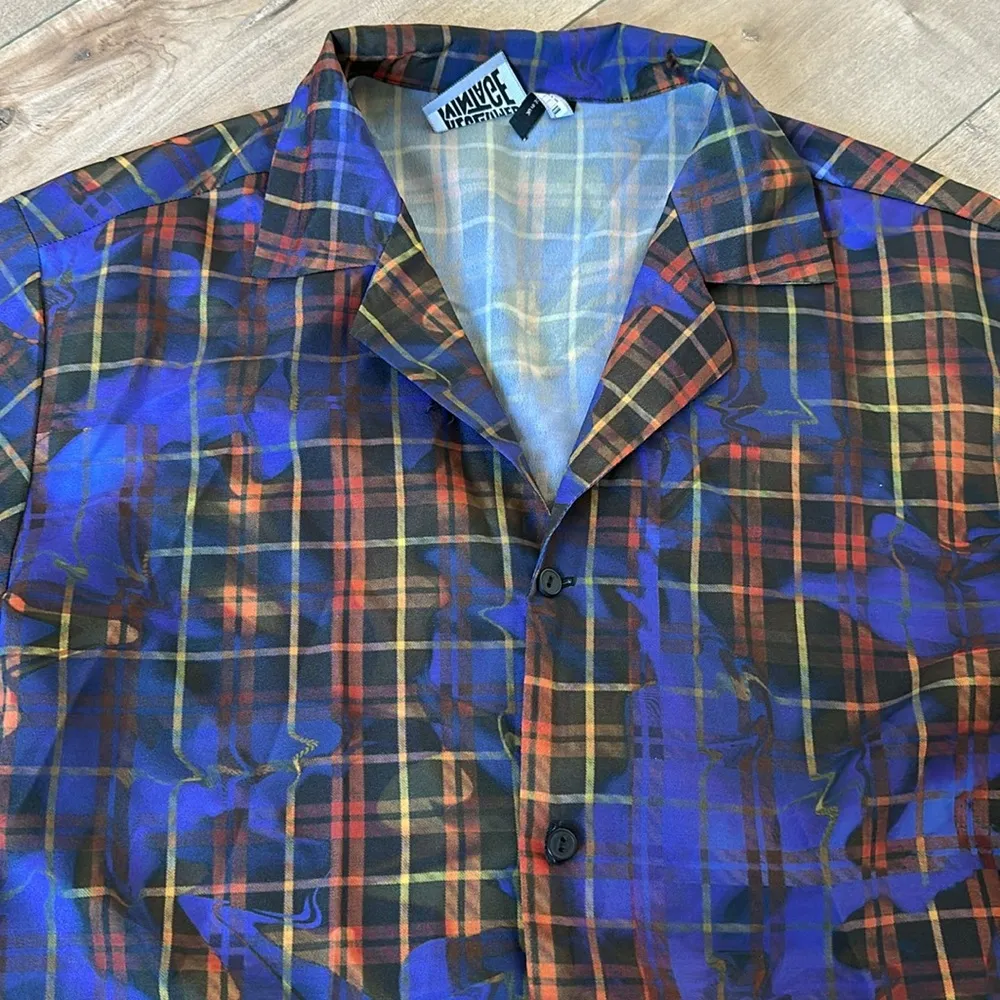 ASOS Reclaimed Vintage Unisex Plaid Checkered Shirt Pants Set Sz S Blue - Image 7