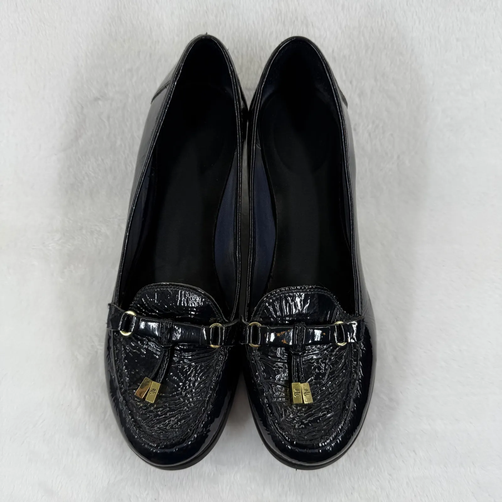 Lauren‎ Ralph Lauren Black Patent Leather Wedge Loafers with Gold Accents 8 READ - Image 3