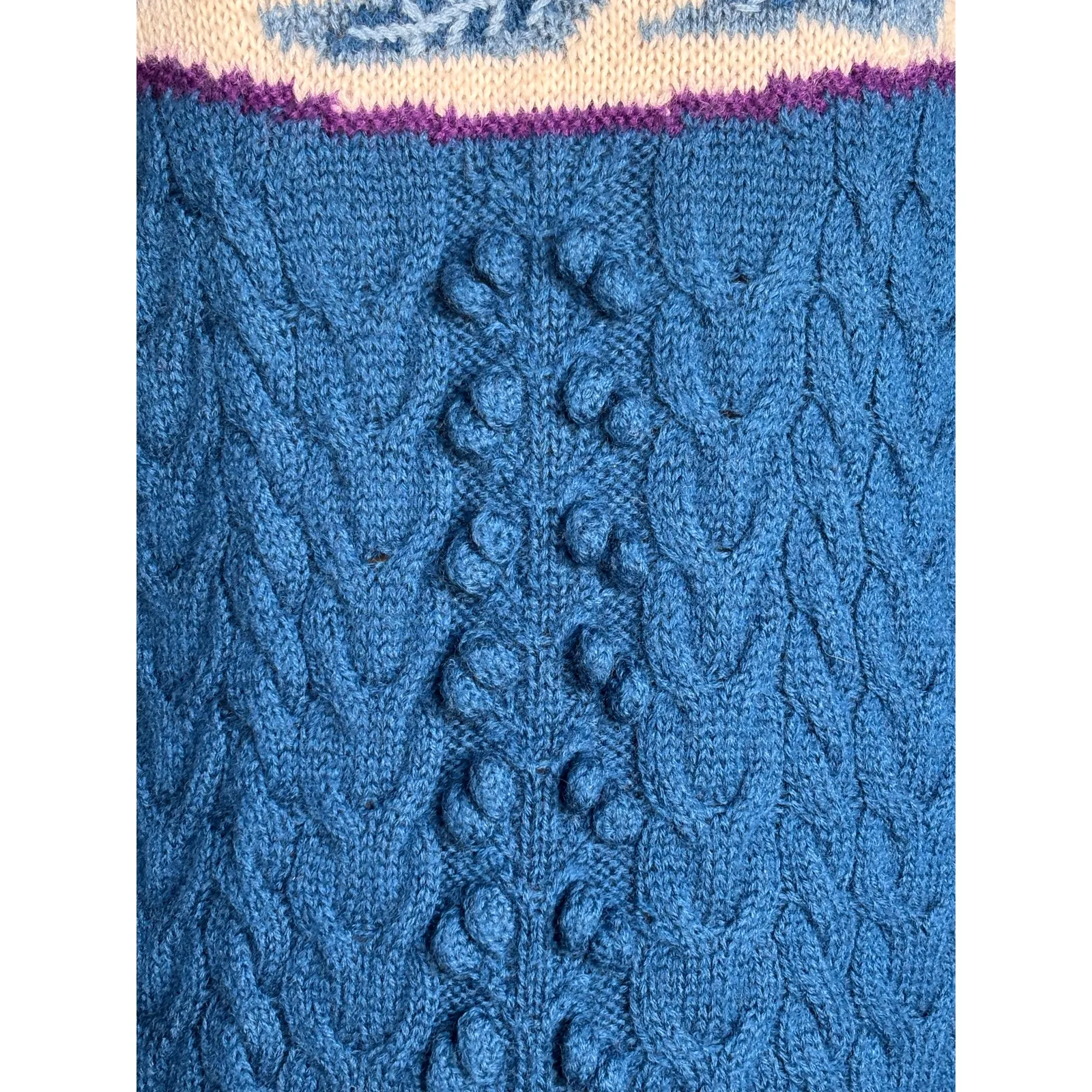 Vintage Northern Isles Hand Knit Chunky Wool Autumn Leaf Yoke Sweater Blue Fall Black Size L - Image 10