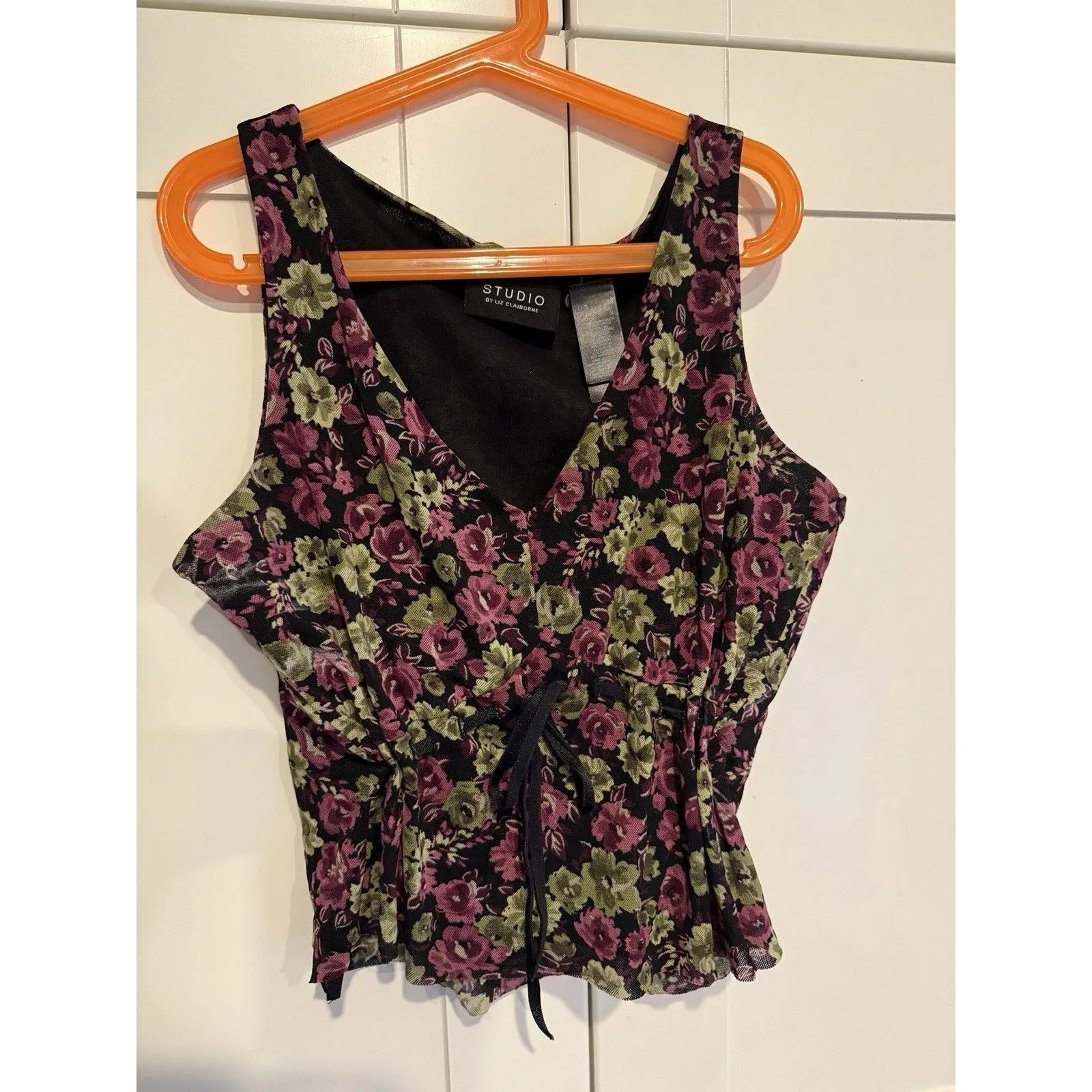 Vtg Crop S Black Floral Mesh Lace Top Medium Y2K Fairy Grunge Romantic 2000s 90s - Image 3