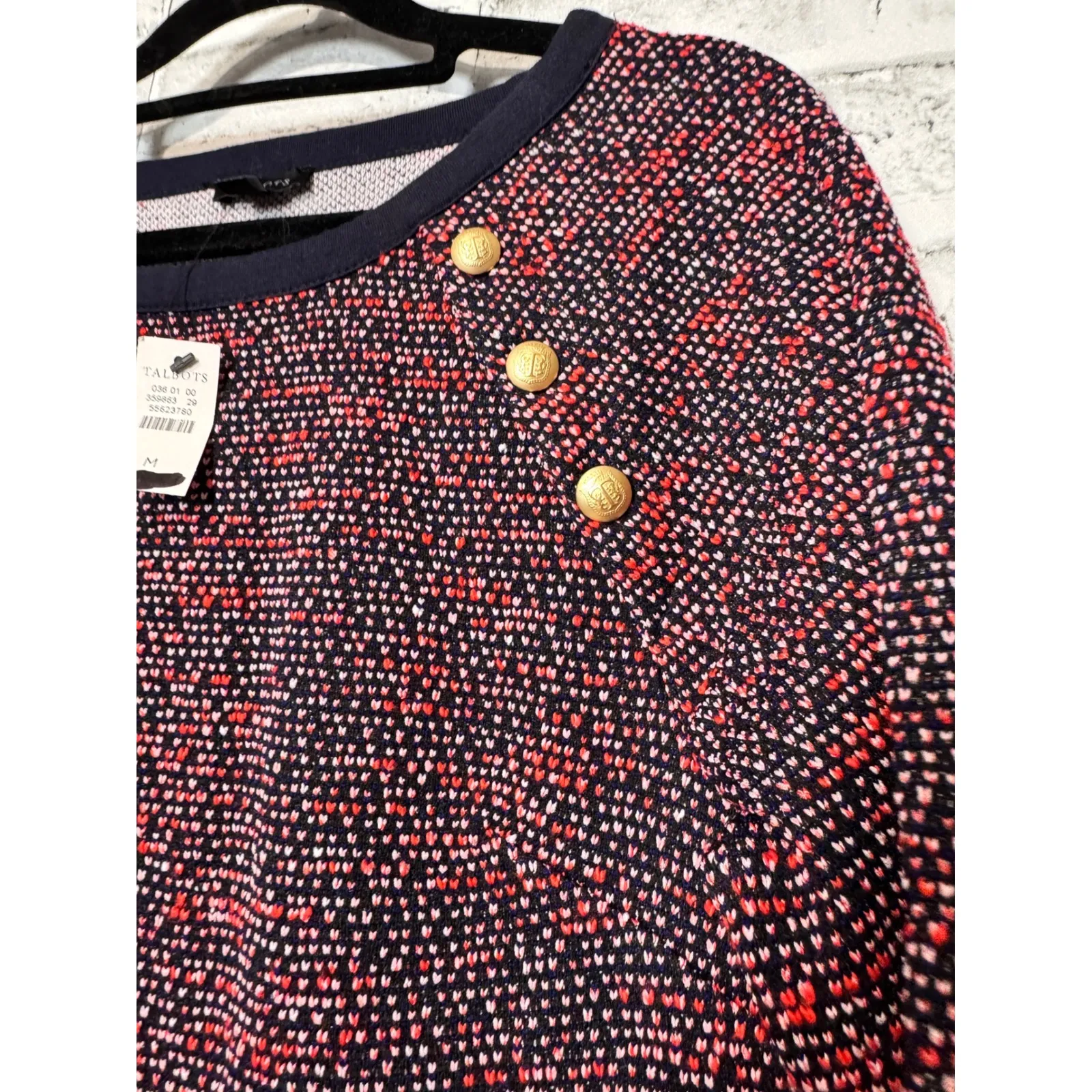 Talbots Women's Crew Neck Sweater Dress Navy Red Textured Button Detail Size M - Image 4