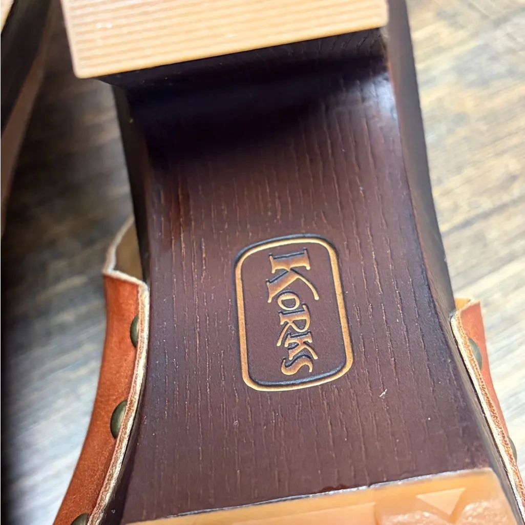 Korks Arden Platform Block Heel Slingback Peep Toe Stud Faux Leather Sandals 8 Tan - Image 13