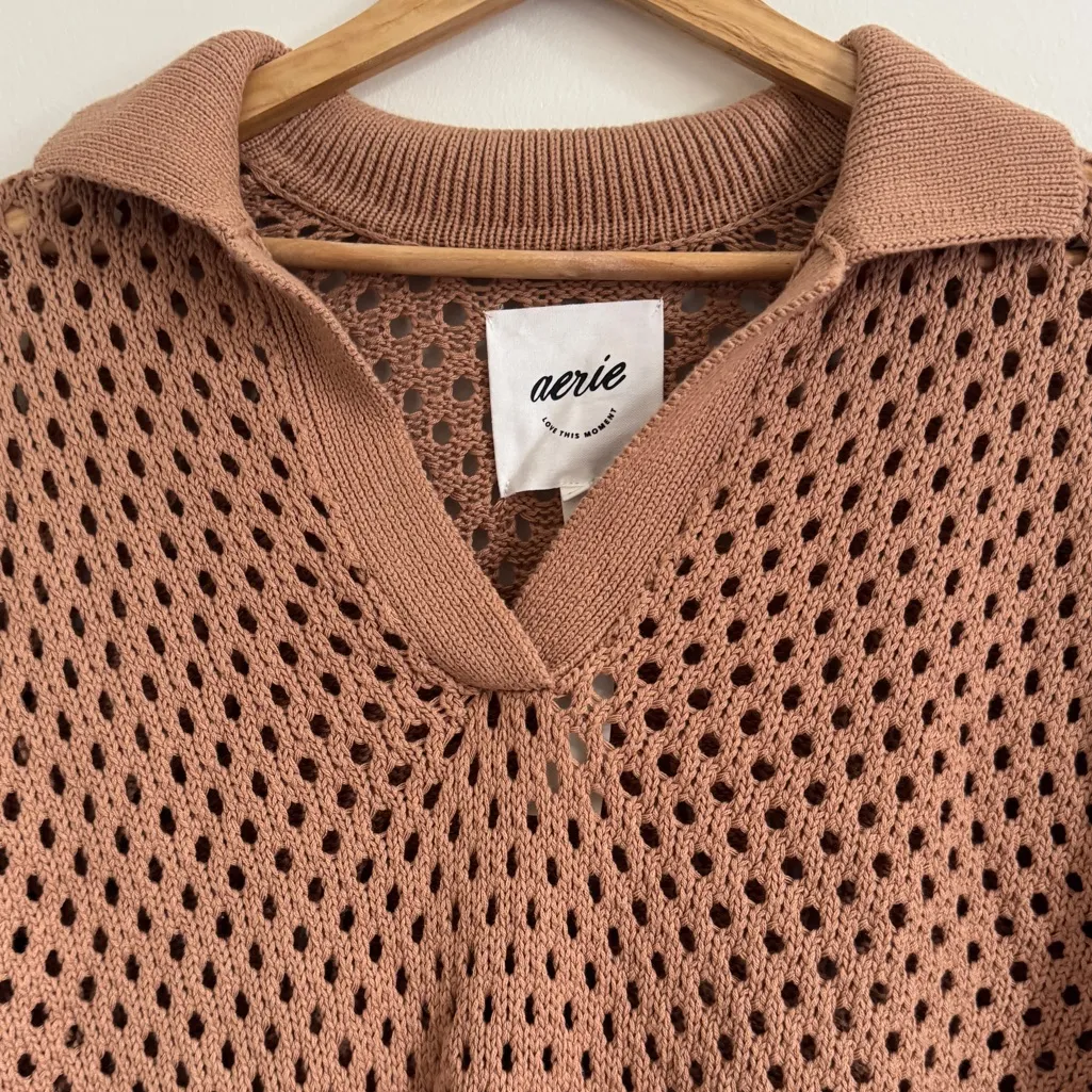 NWT Aerie Oversized Open Knit Polo Sweater in Tan Women’s Size Large 100% Cotton - Image 3