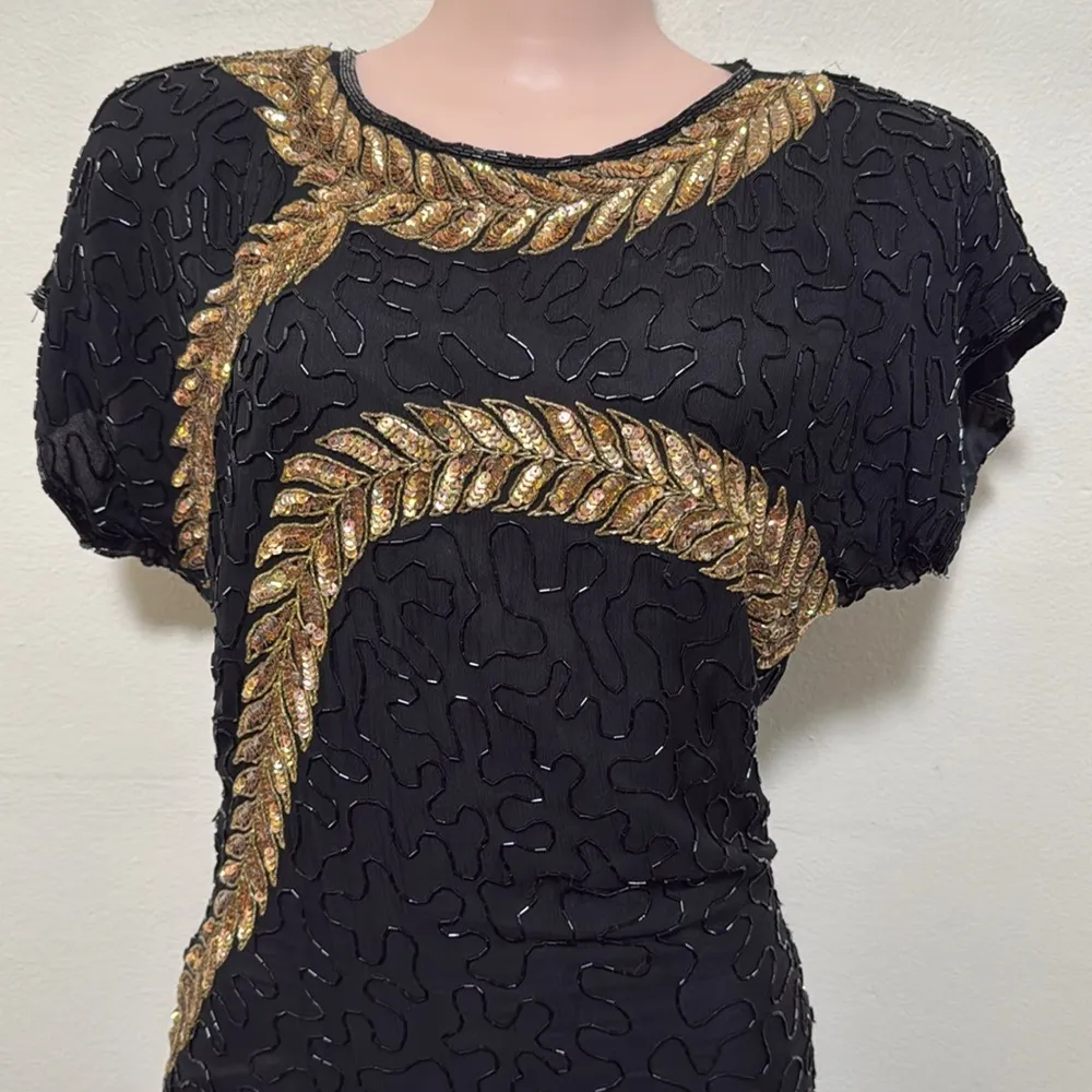 Stenay Vintage Black & Gold Beaded 100% Silk dress woman size 4 cocktail - Image 2