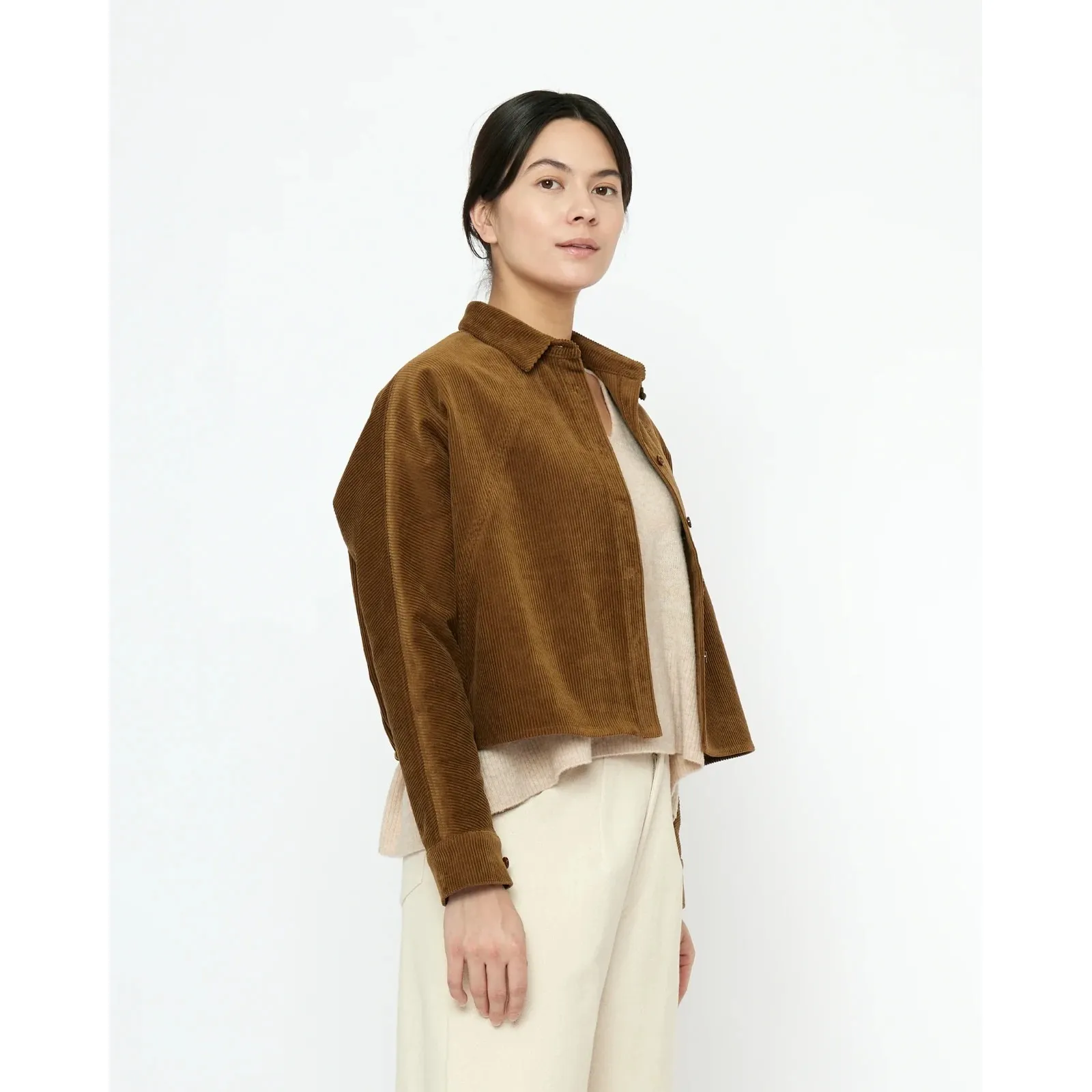 7115‎ by Szeki Corduroy 3/4 Cropped Shirt Jacket in Sepia Brown Size Medium - Image 2