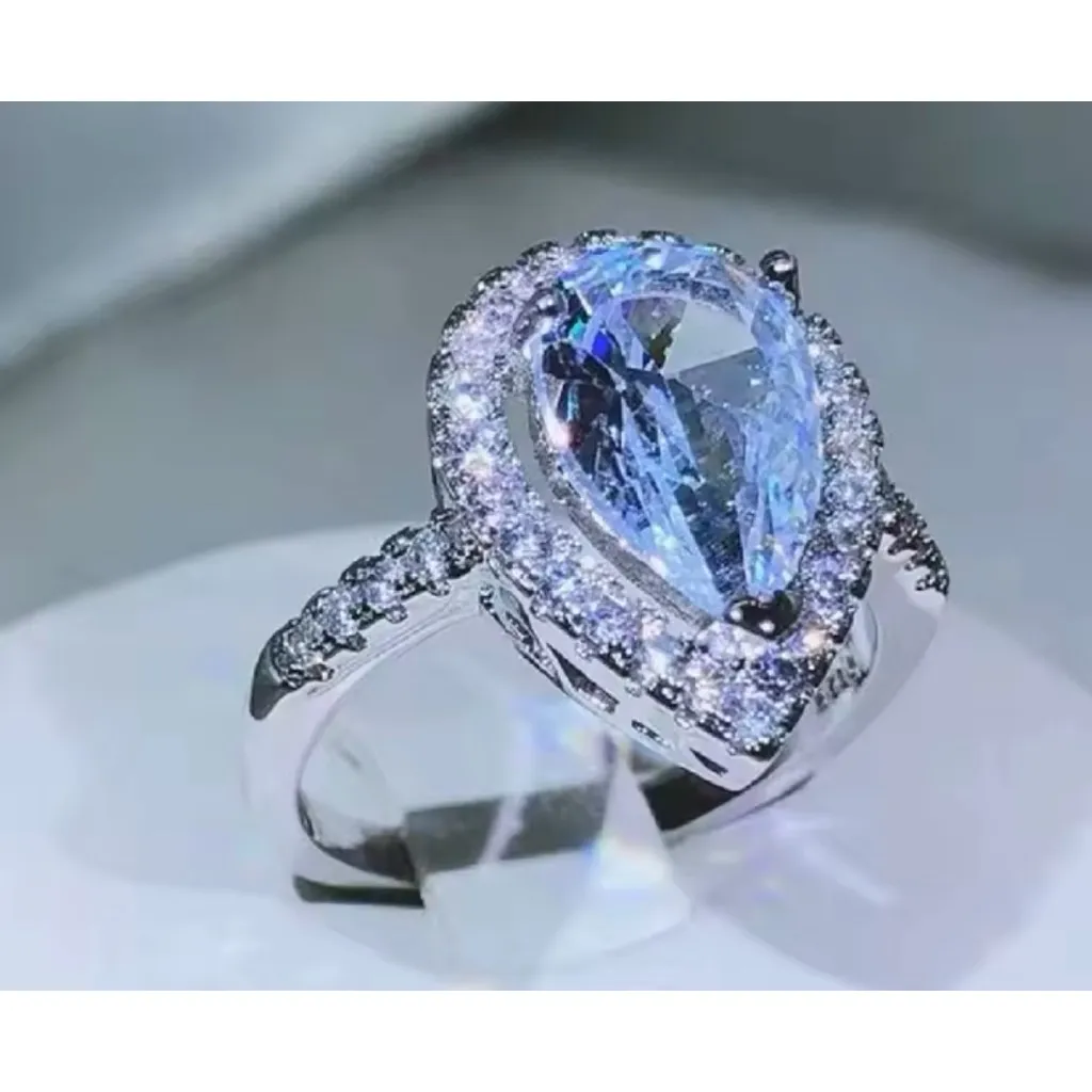 NEW‎ 3ct Rhodium Silver Pear Halo Teardrop Engagement Ring, Size 8 - Image 10