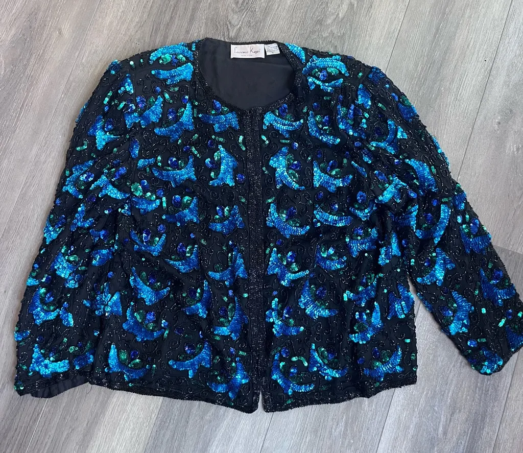 Vintage Laurence Kazar Black and Blue Sequin Beaded Blazer Jacket XL - Image 1