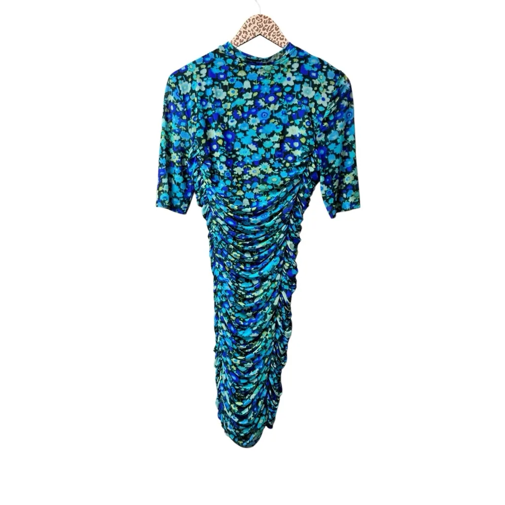 NEW Ganni Floral Print Mesh Short Sleeve Mini Dress Ruched Azure Blue EU 38 $250 - Image 4