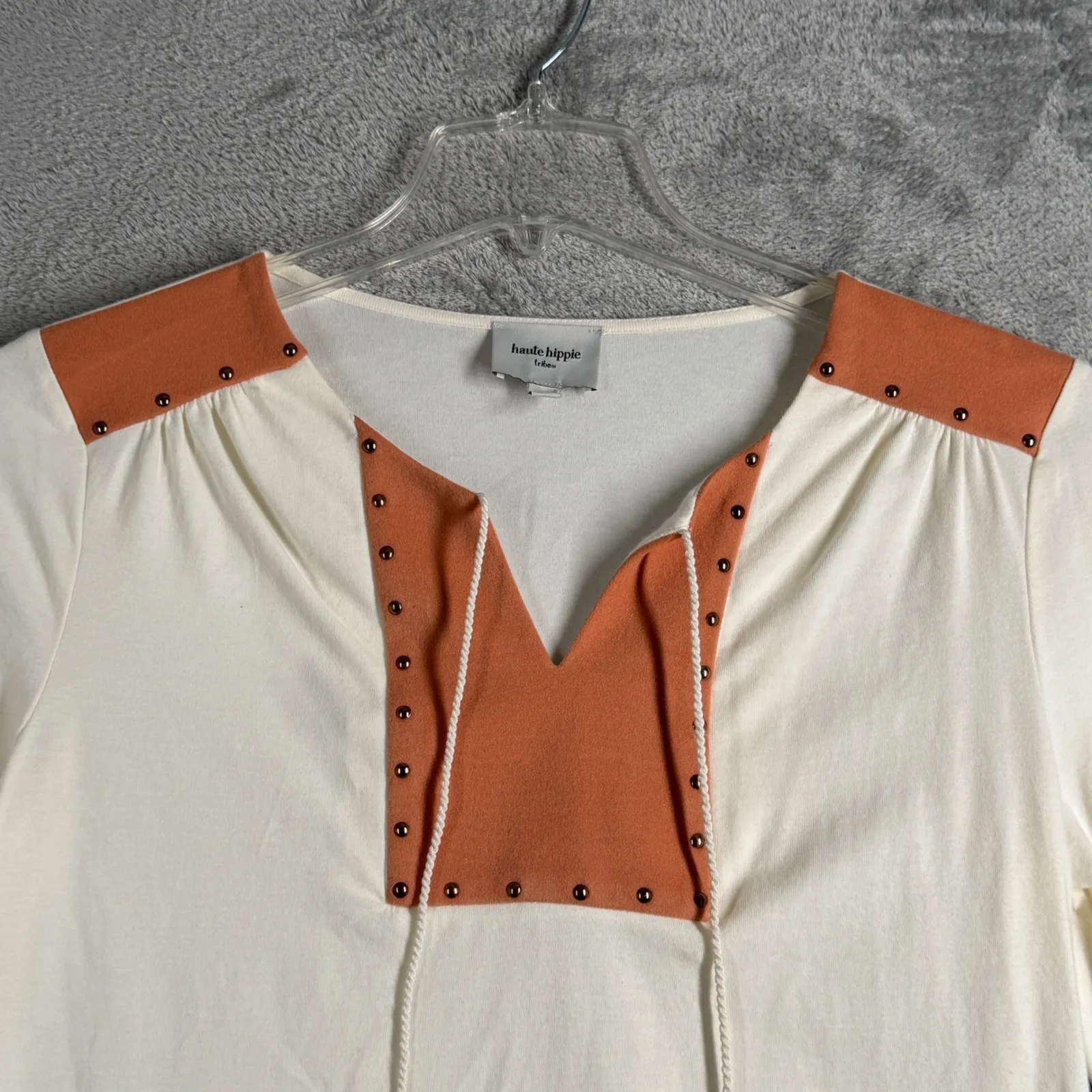 Haute Hippie Tunic Top Studded Trim 3/4 Sleeve Boho Chic Blouse Neutral Women XS - Image 4