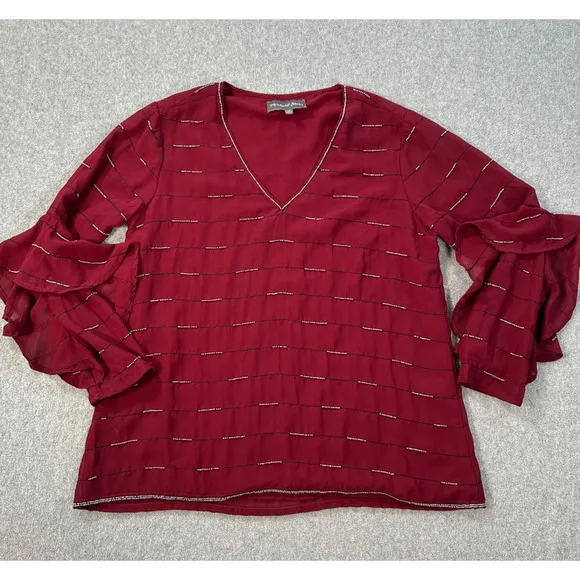 Michael Stars Burgundy Beaded V-Neck Blouse Women's XS Sheer Ruffle Sleeve Top - Image 1