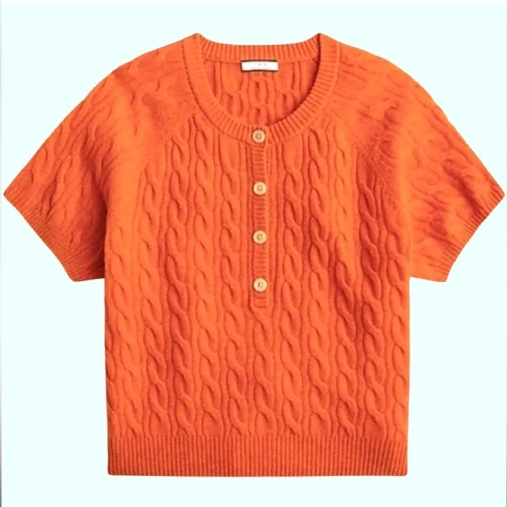 J. Crew Cashmere Cable-Knit Henley Short Sleeve Sweater Heather Pumpkin‎ XL - Image 3
