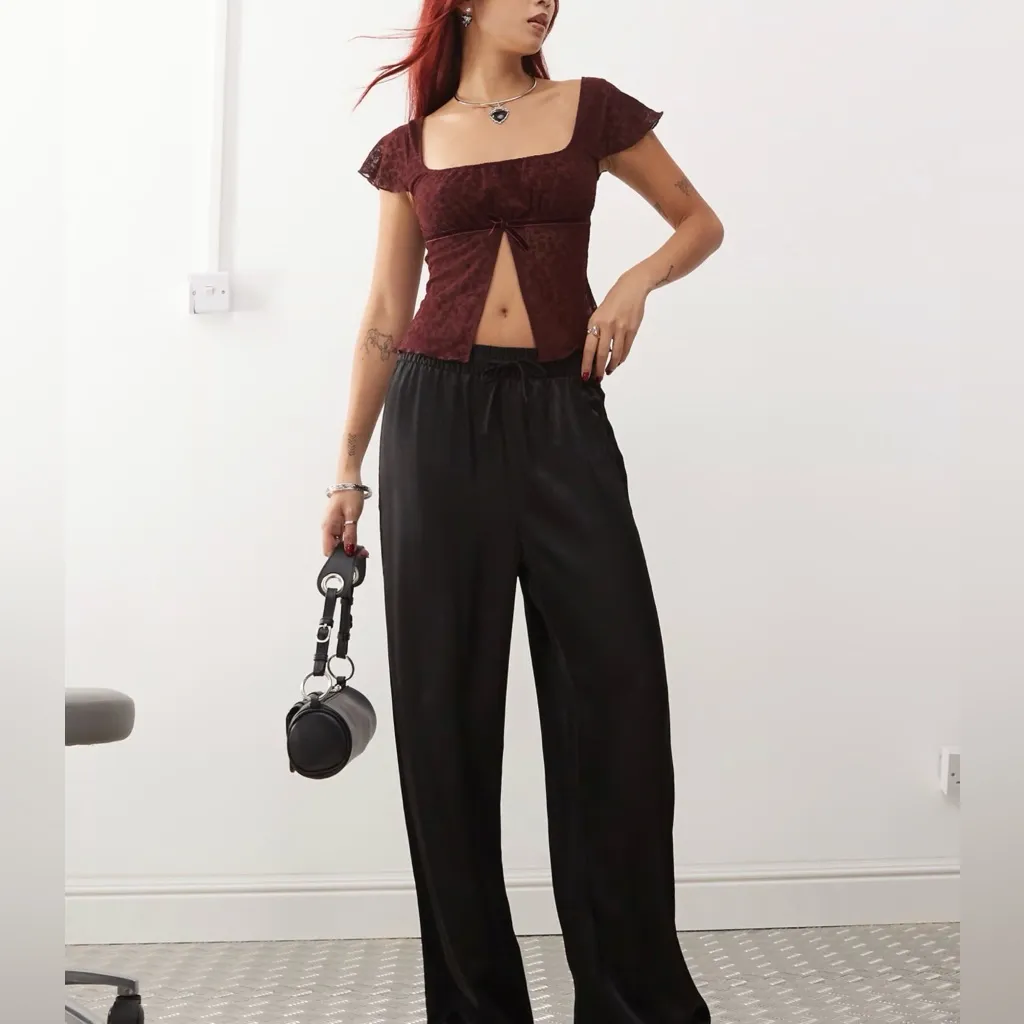 Black Satin Draw String Wide-Leg Pants - Image 5