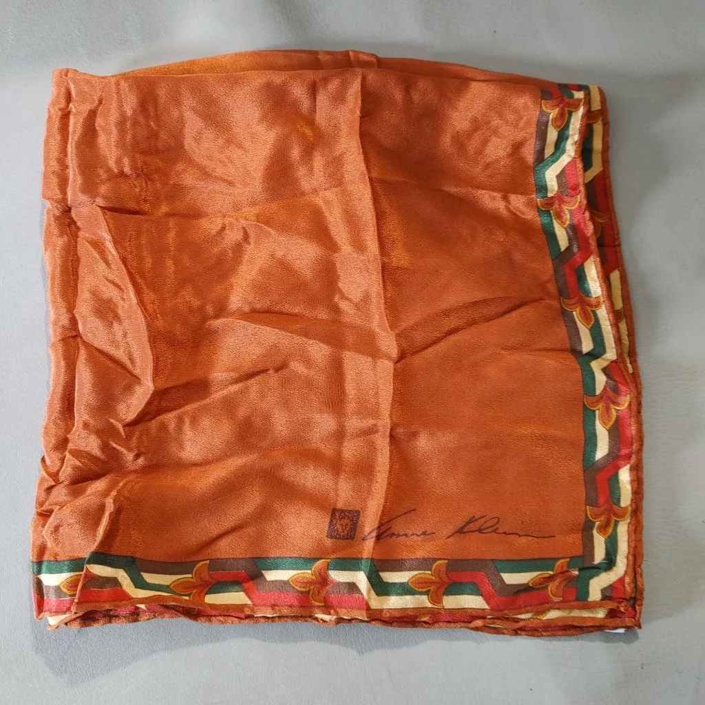 Anne Klein Scarf  Robinson Golluber Orange Floral Geometric Border Vintage Silk - Image 8