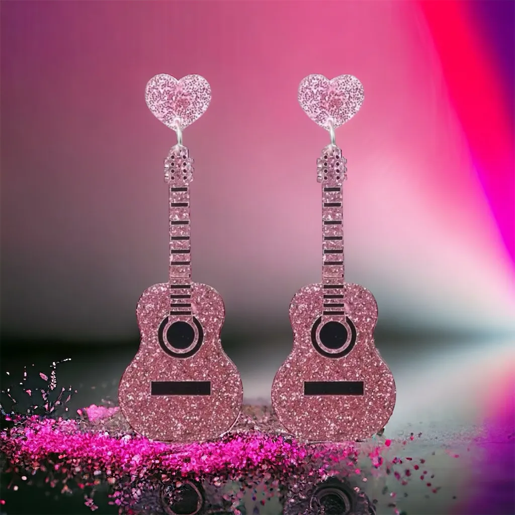 Sparkle with style: Pink guitar glitter‎ acrylic earrings - Image 8