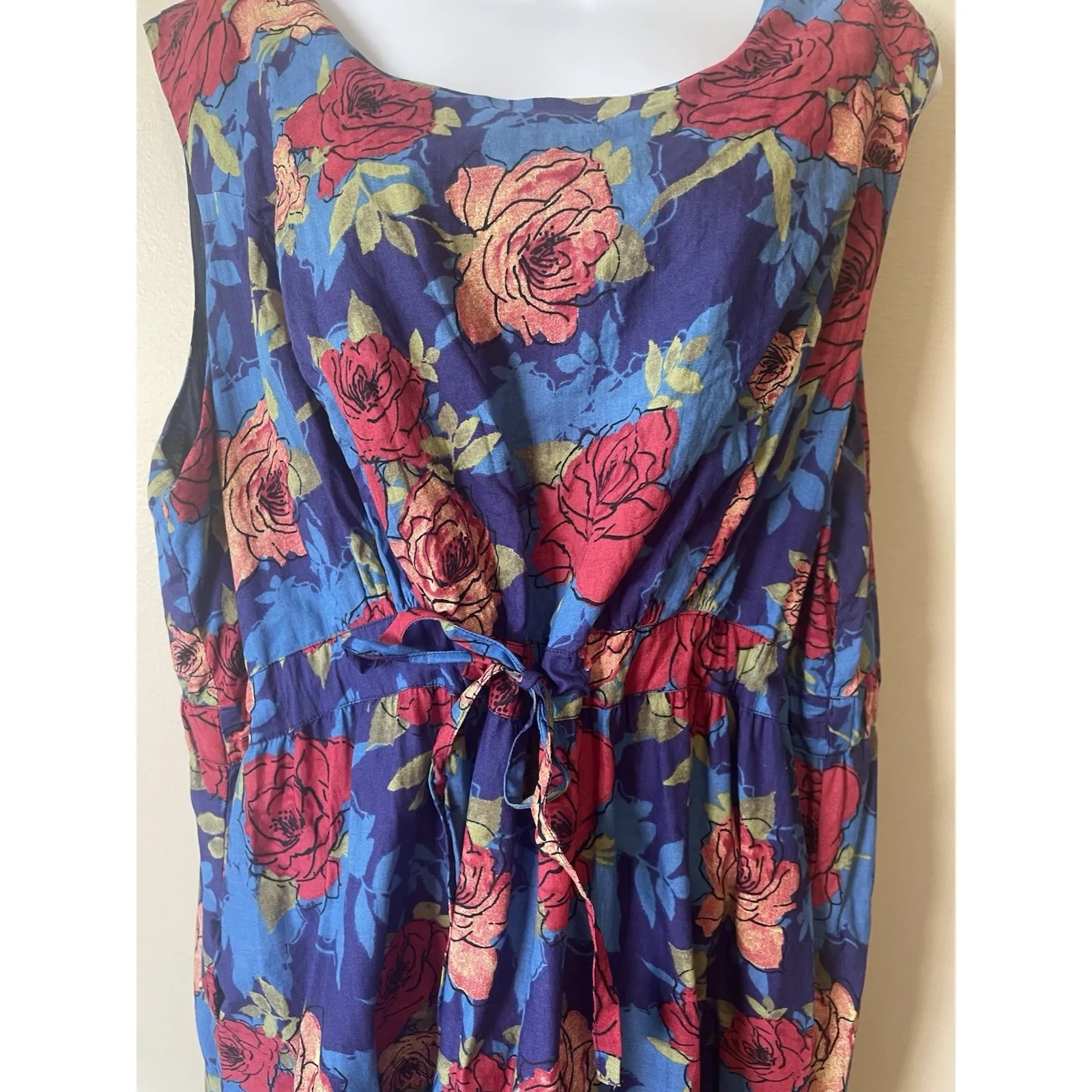 WOMAN WITHIN Midi Dress‎ Patchwork Sleeveless Floral Tiered Pockets Cotton 22W Blue - Image 3