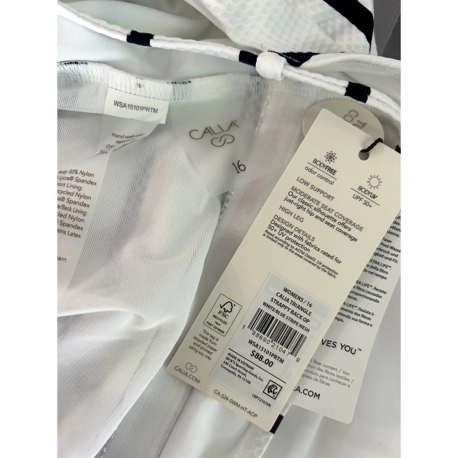 CALIA Swim Triangle Strappy Back One Piece White/Blue Stripe Mesh 16 NWT Black - Image 6