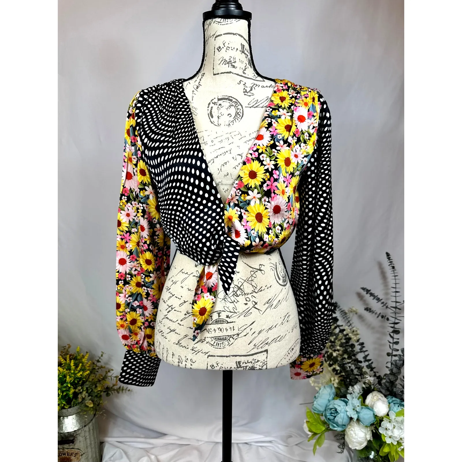 For Love and Lemons Daisy Polka Dot Long Sleeve Tie Anya Crop Top S - Image 4