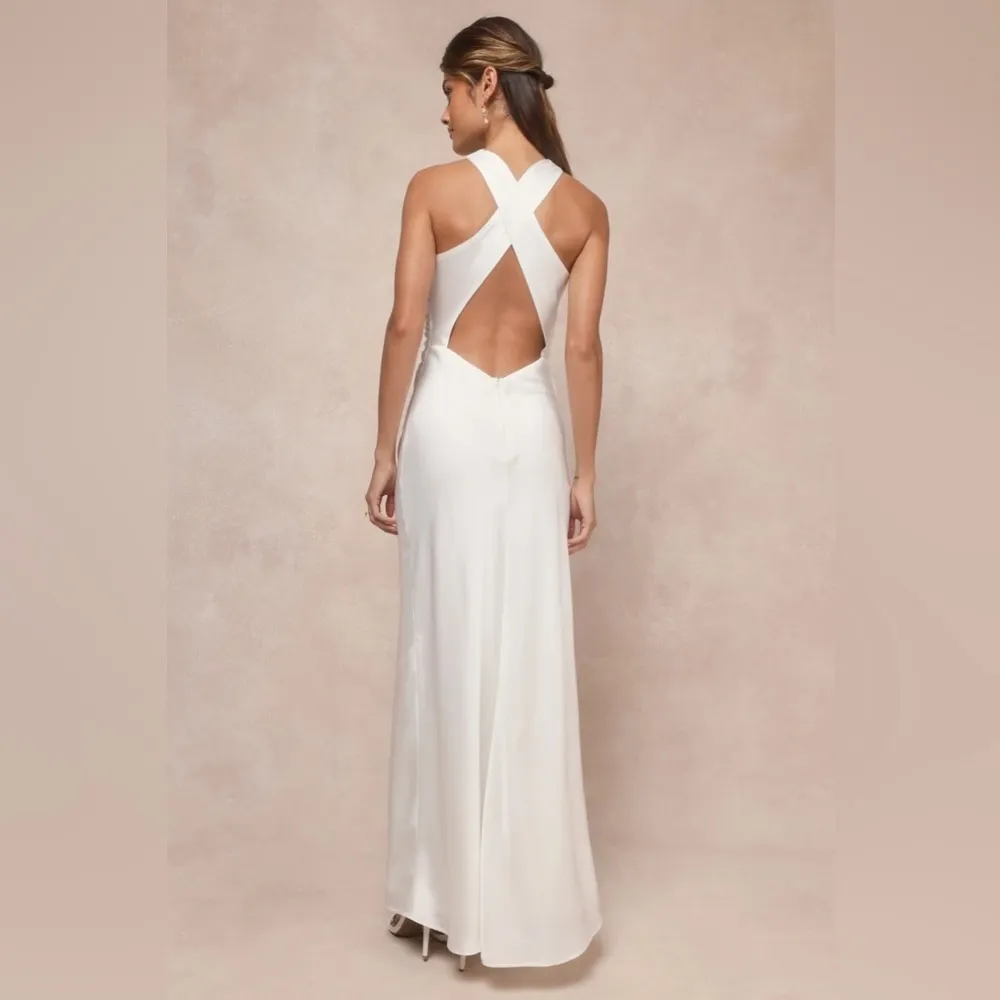 LULU’S Effortlessly Sensational White Satin Backless Maxi Dress - Image 4
