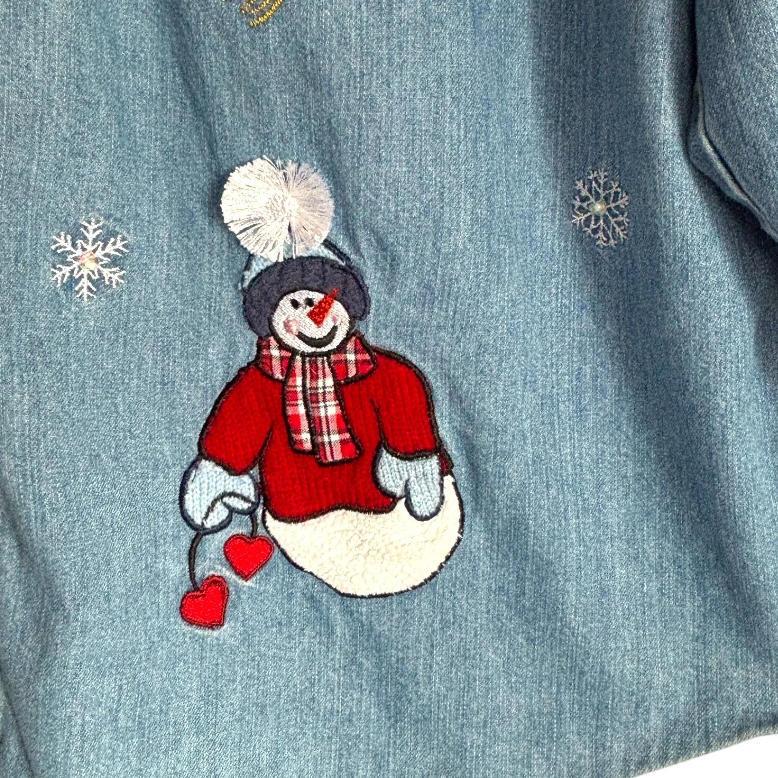 Vintage Womens Denim Shirt 18/20W Snowman Embroidered Christmas Button Front Y2K - Image 4