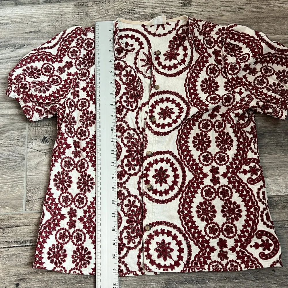 SEZANE BURGUNDY Embroidered Buttons DOWN Shirt PUFFED Sleeve TOP Sz 36 LULA #181 - Image 11