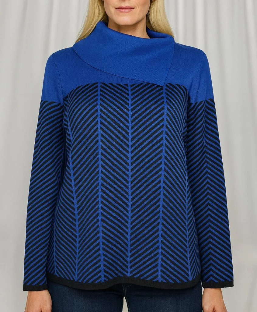Investments Blue Chevron Knit Sweater Asymmetrical Cowl Neck Long Sleeve Top - Image 1
