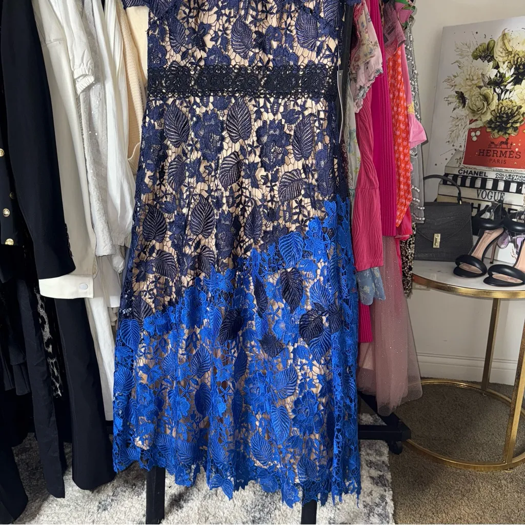 Theia Ultramarine Lace Midi Dress With Nude Lining Womens 14 New NWT Blue - Image 6
