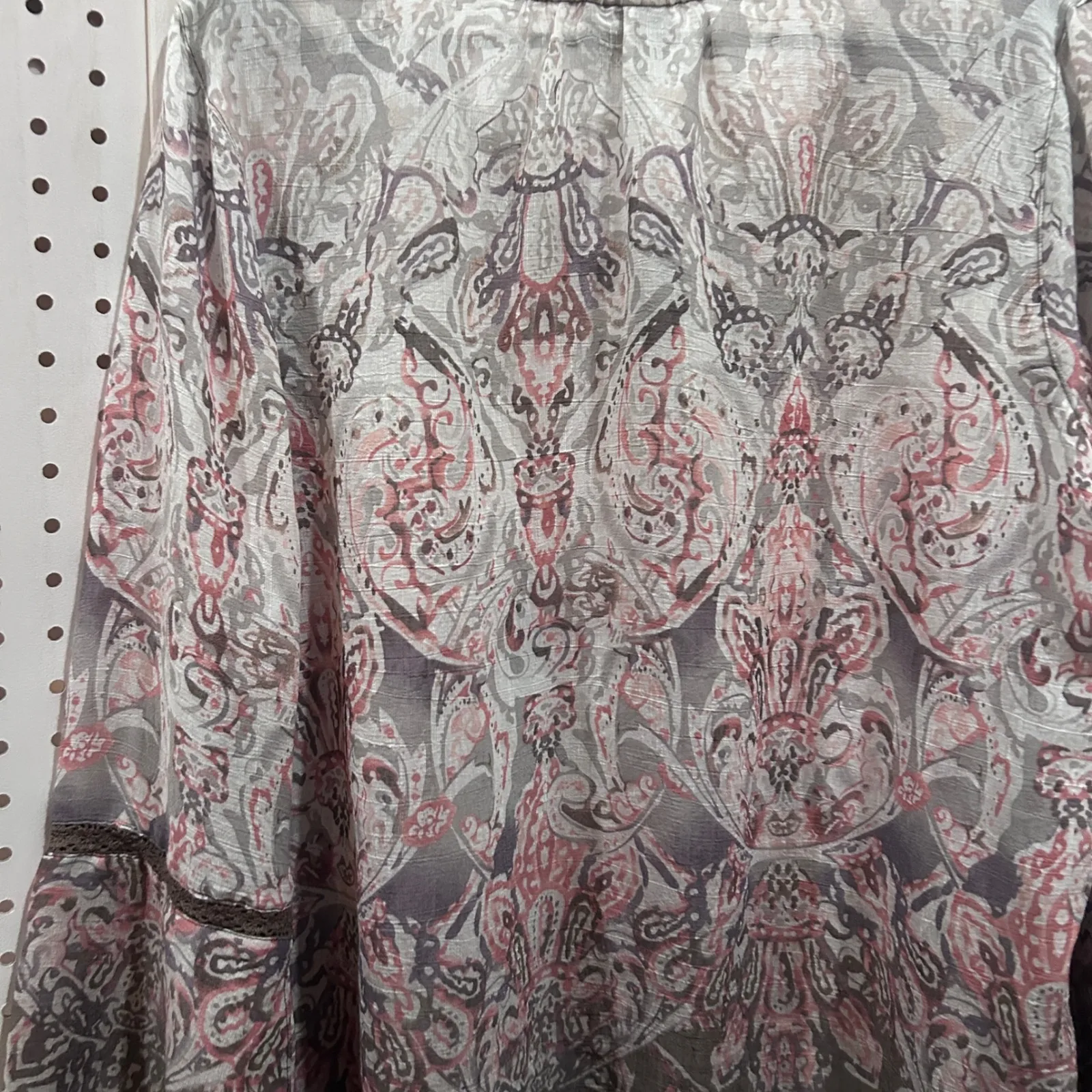 St Johns Bay Womens Lace Trim Bell Sleeve Tie Neck Boho Paisley Blouse Size L - Image 7