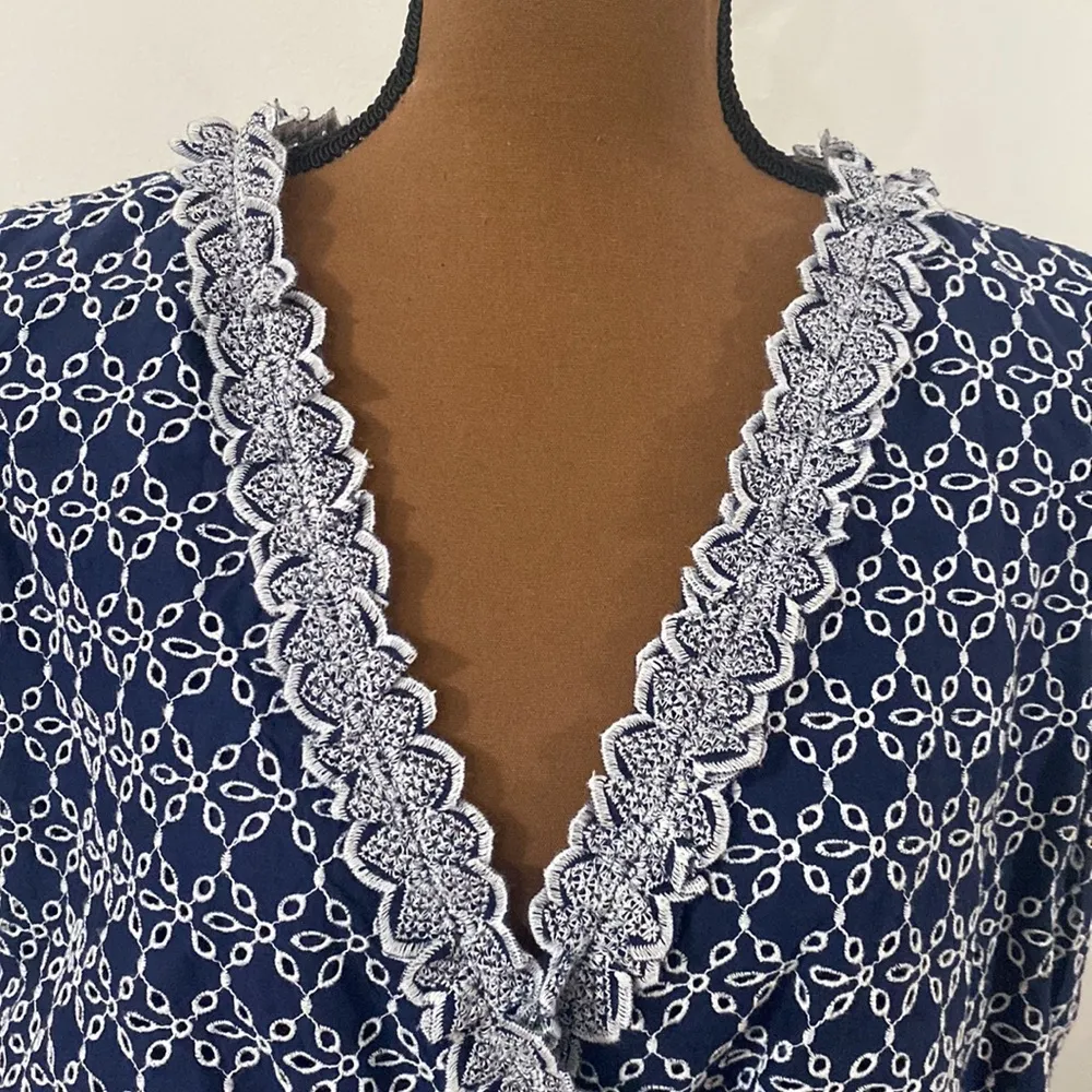 Express Printed navy and white Eyelet Lace Trim Faux Wrap Dress no belt size XL - Image 8