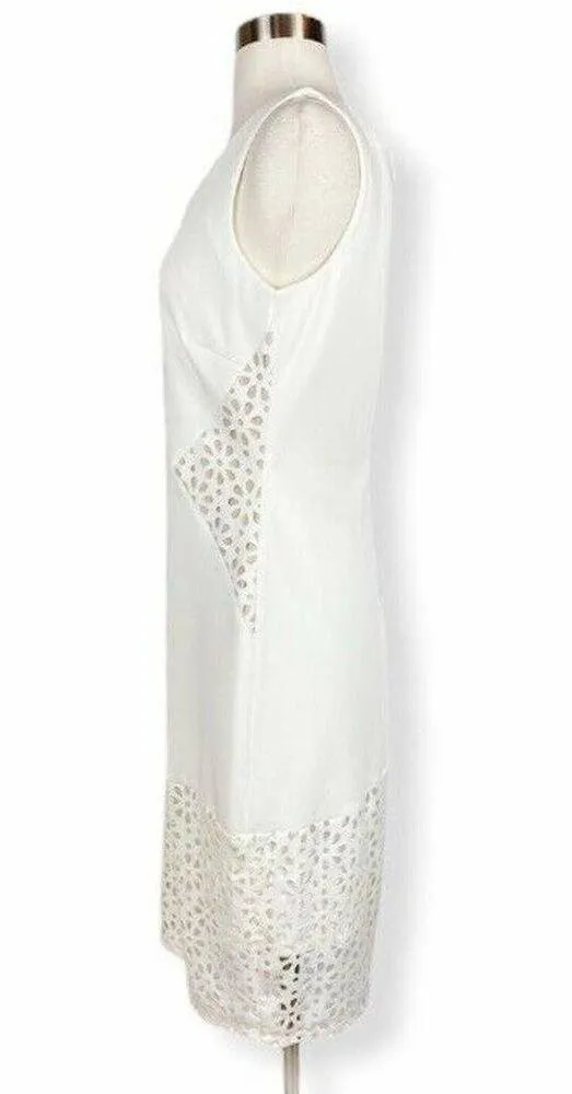 SANGRIA White Dress Sheath Sleeveless Laser Floral Cutouts Scoop Neck Midi 8 EUC - Image 7