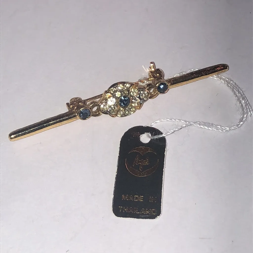 Angel Brand Elegant Gold Tone Blue CZ Dainty Bar Brooch - Image 3