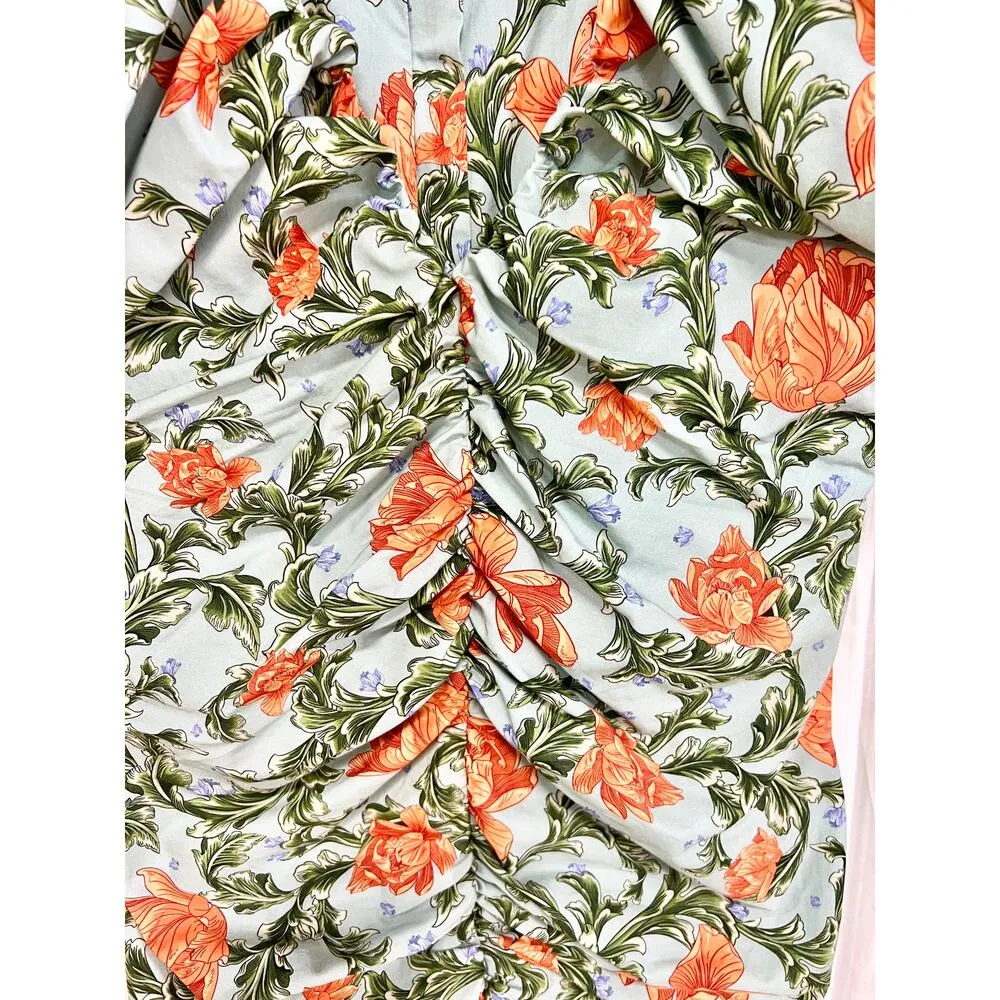 Agua by Agua Bendita Camelia Ruched Puff-Sleeve Midi-Dress Blue Green Women's M - Image 5