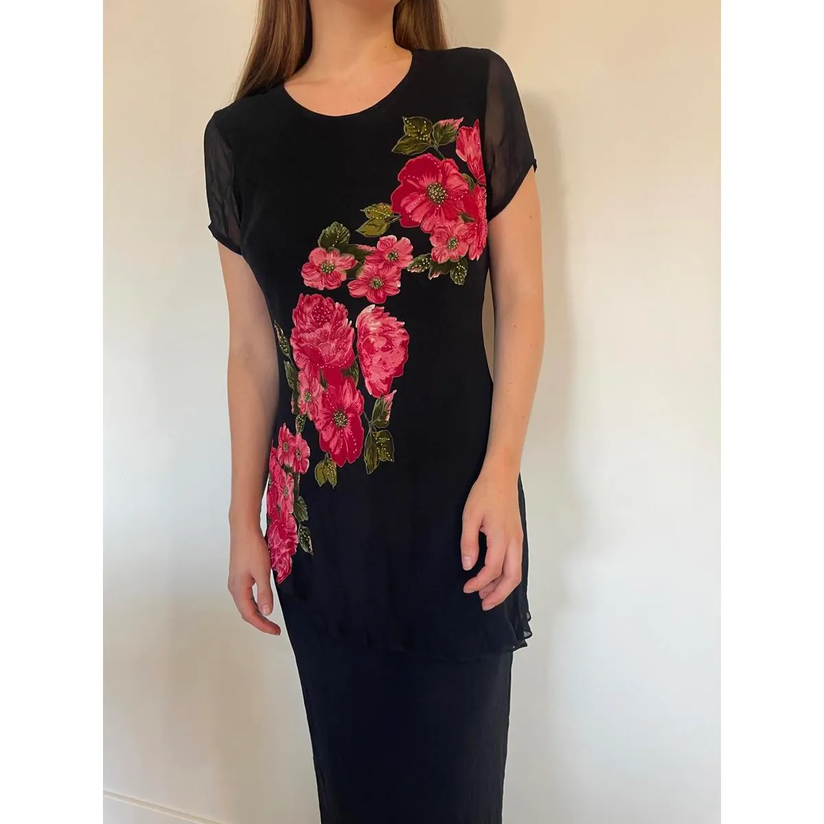 Vintage Tiered Black Mesh Lettuce Trim Floral Sparkly Maxi Dress Size M - Image 4