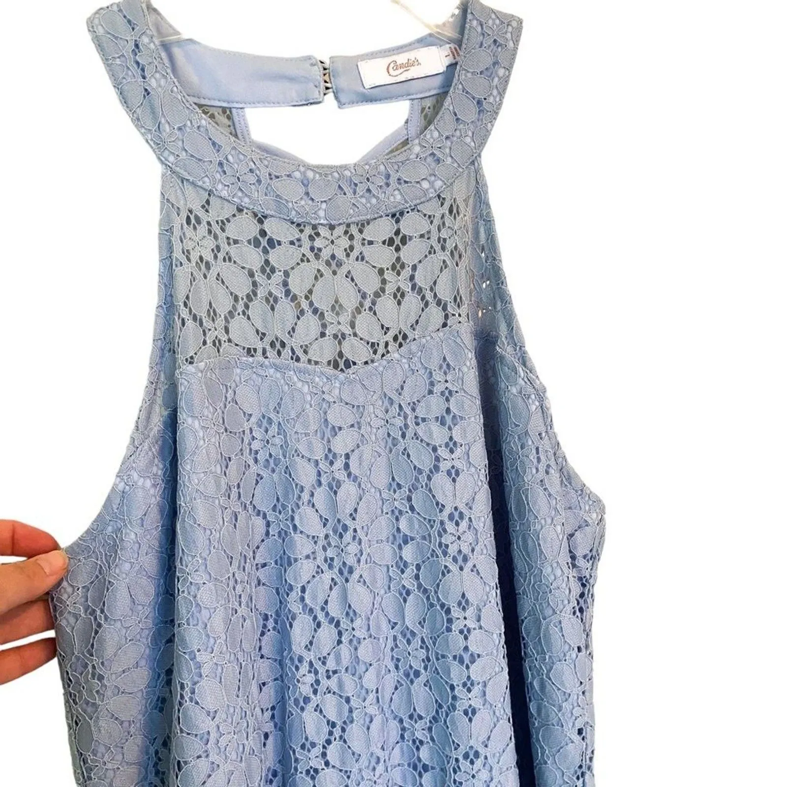 Candie’s Light Blue Lace Mini Dress Size Large High Neck Sleeveless Elegant - Image 8